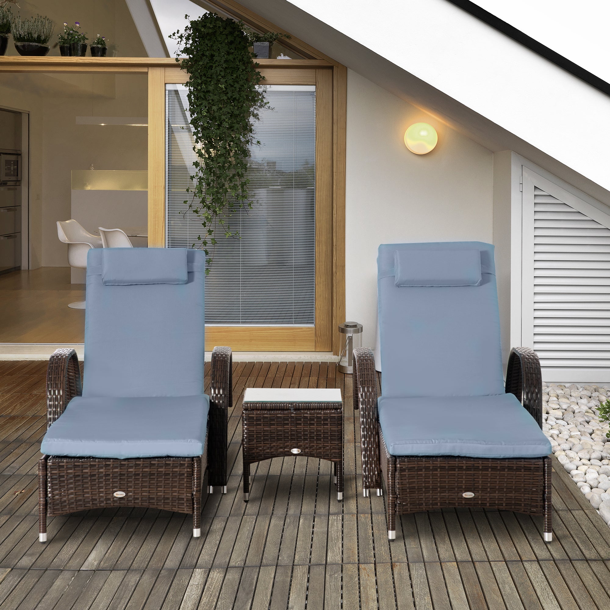 Outsunny 3 Pieces Wicker Patio Lounger Set with Table, PE Rattan Outdoor Lounge Chair Set with Cushions, Wheels, 5-Level Reclining Backrest, Headrest, Brown/Grey