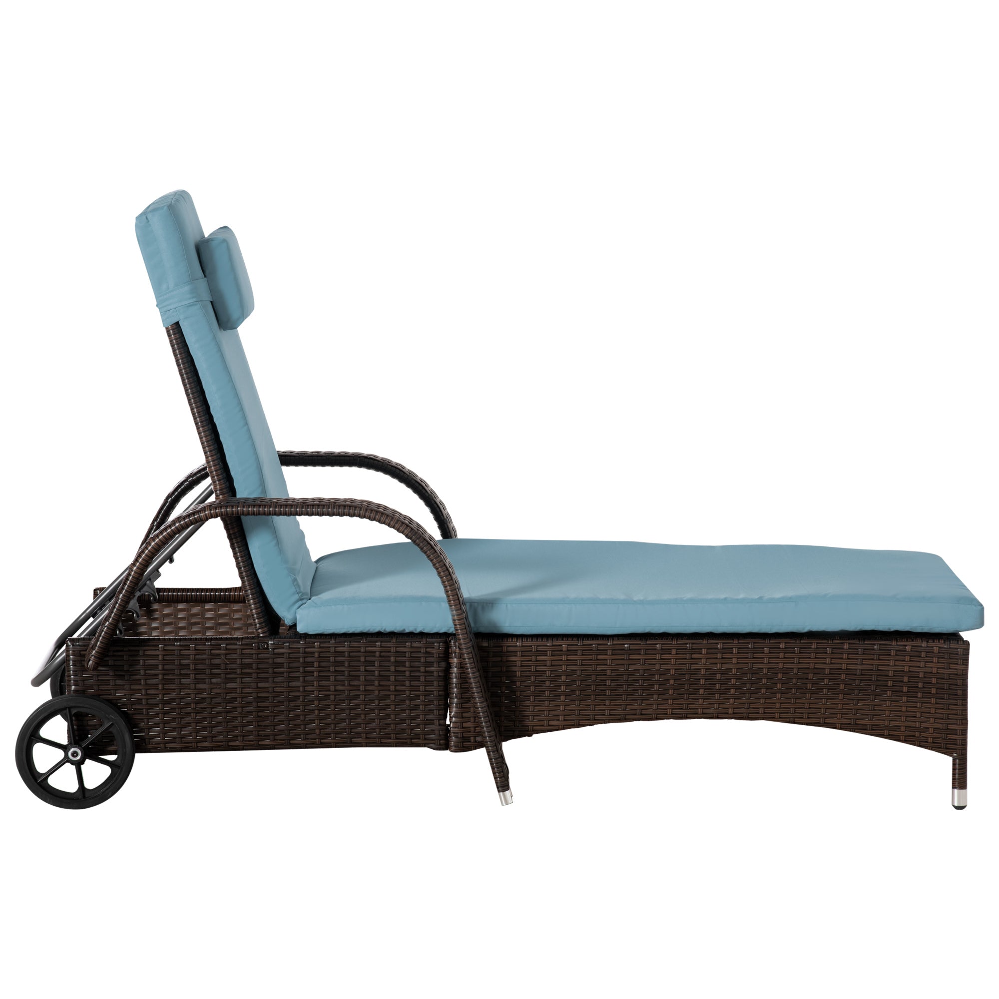 Outsunny 3 Pieces Wicker Patio Lounger Set with Table, PE Rattan Outdoor Lounge Chair Set with Cushions, Wheels, 5-Level Reclining Backrest, Headrest, Brown/Grey