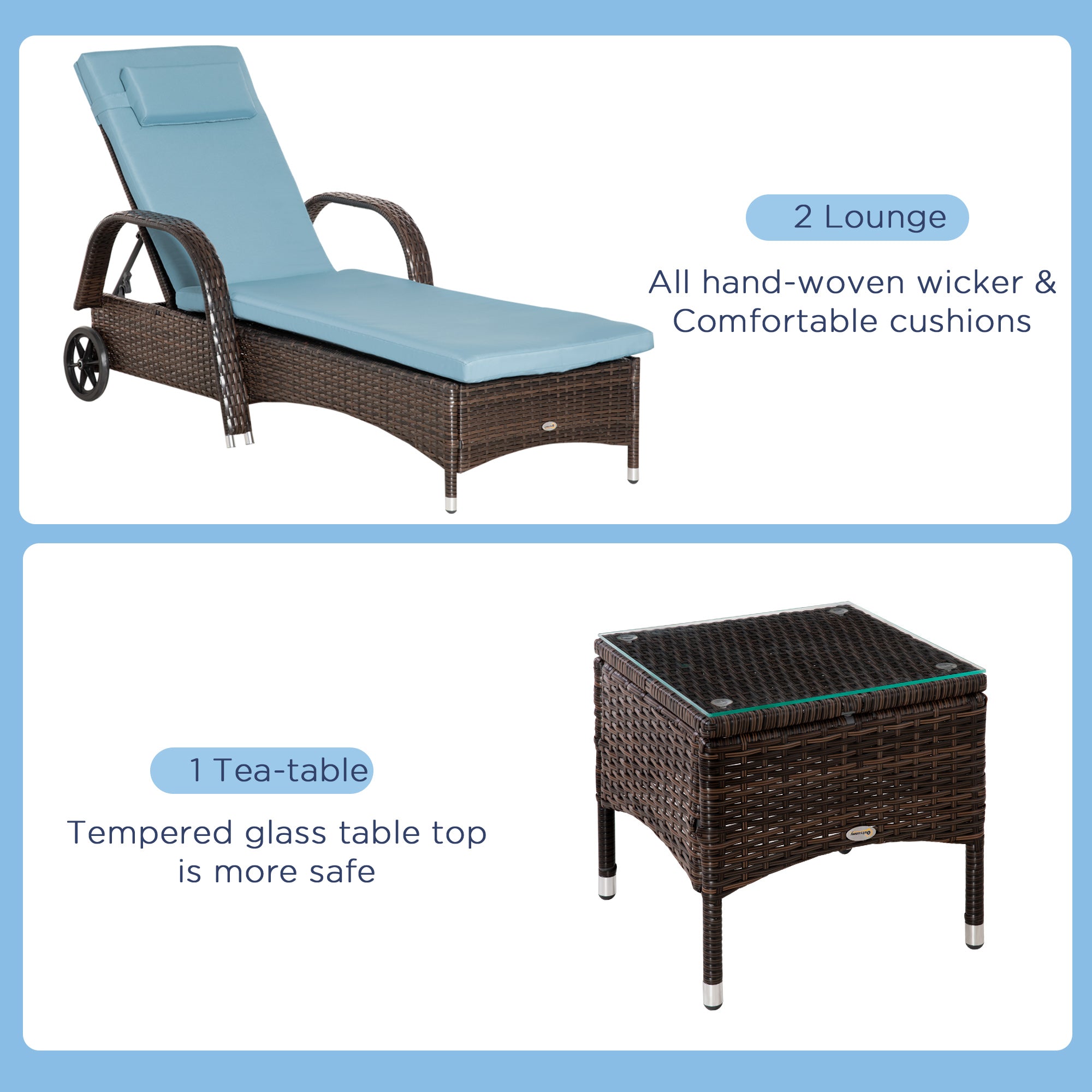 Outsunny 3 Pieces Wicker Patio Lounger Set with Table, PE Rattan Outdoor Lounge Chair Set with Cushions, Wheels, 5-Level Reclining Backrest, Headrest, Brown/Grey