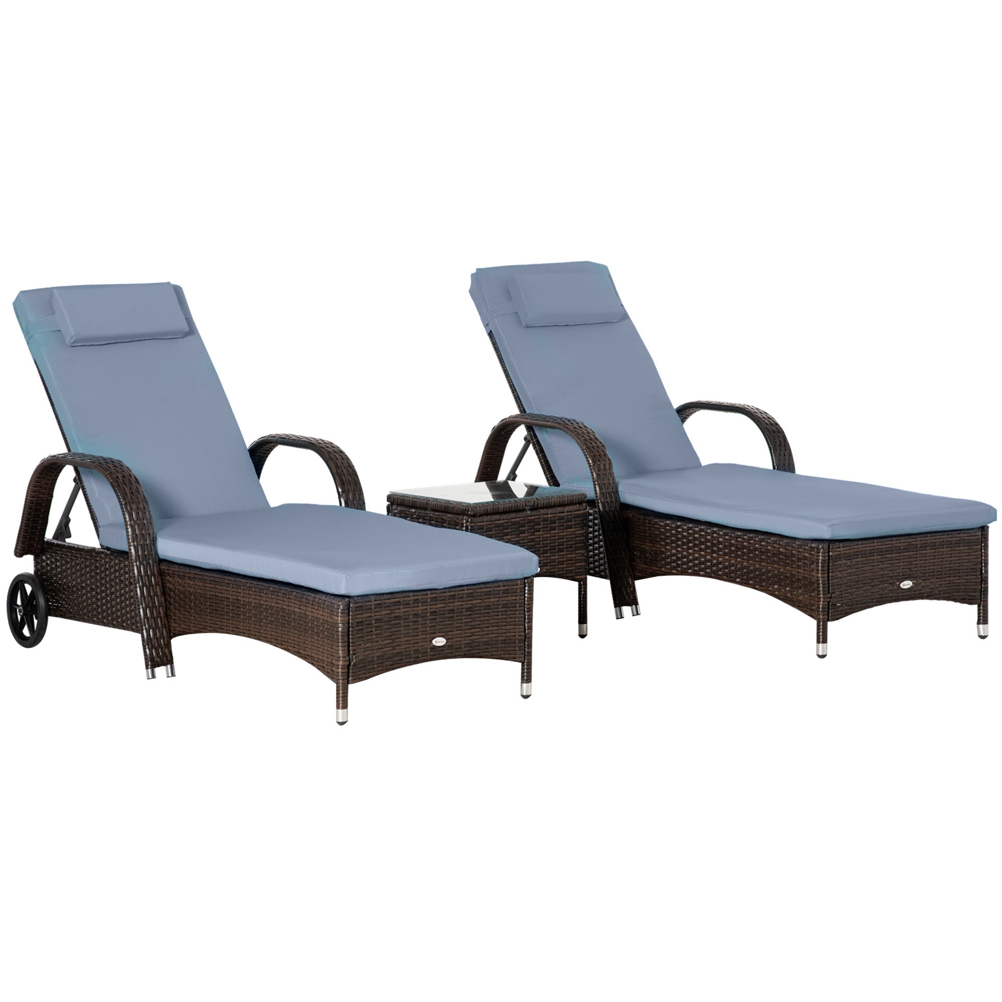 Outsunny 3 Pieces Wicker Patio Lounger Set with Table, PE Rattan Outdoor Lounge Chair Set with Cushions, Wheels, 5-Level Reclining Backrest, Headrest, Brown/Grey