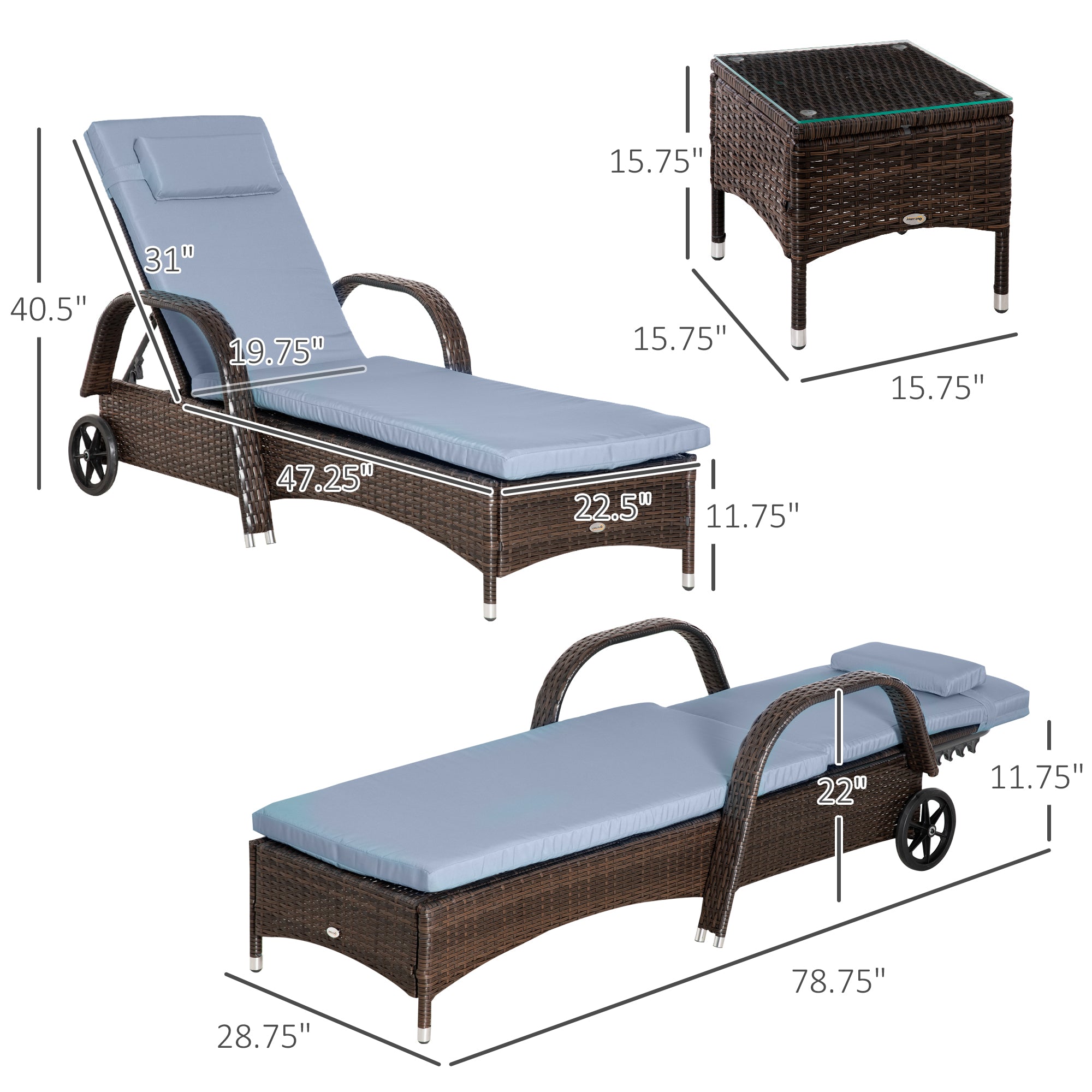 Outsunny 3 Pieces Wicker Patio Lounger Set with Table, PE Rattan Outdoor Lounge Chair Set with Cushions, Wheels, 5-Level Reclining Backrest, Headrest, Brown/Grey