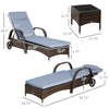 Outsunny 3 Pieces Wicker Patio Lounger Set with Table, PE Rattan Outdoor Lounge Chair Set with Cushions, Wheels, 5-Level Reclining Backrest, Headrest, Brown/Grey
