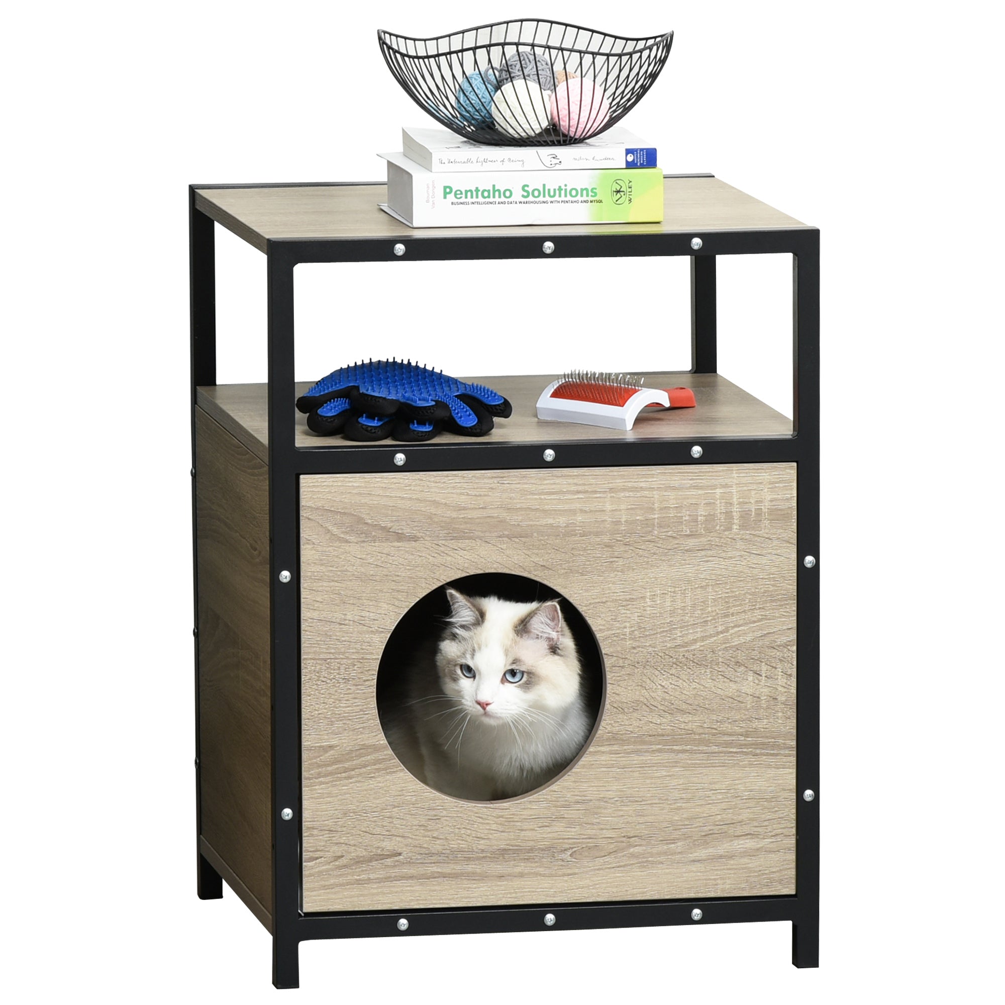 PawHut Wooden Cat House Kitten Condo Shelter Bed w/Soft Cushion Cat Litter Box Enclosure End Table Hideaway Cabinet Storage, Grey