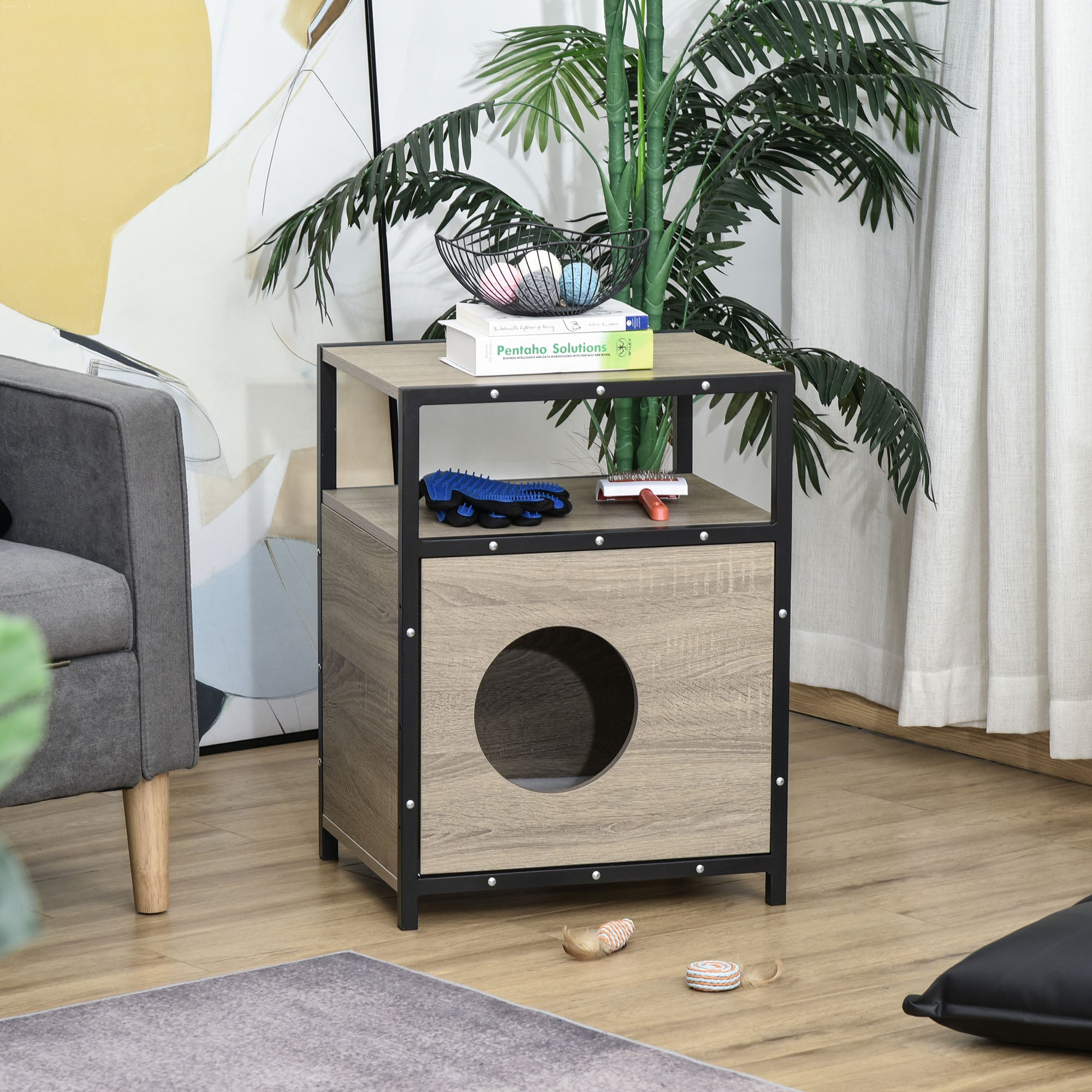 PawHut Wooden Cat House Kitten Condo Shelter Bed w/Soft Cushion Cat Litter Box Enclosure End Table Hideaway Cabinet Storage, Grey