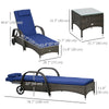 Outsunny 3 Pieces Wicker Patio Lounger Set with Table, PE Rattan Outdoor Lounge Chair Set with Cushions, Wheels, 5-Level Reclining Backrest, Headrest, Dark Blue