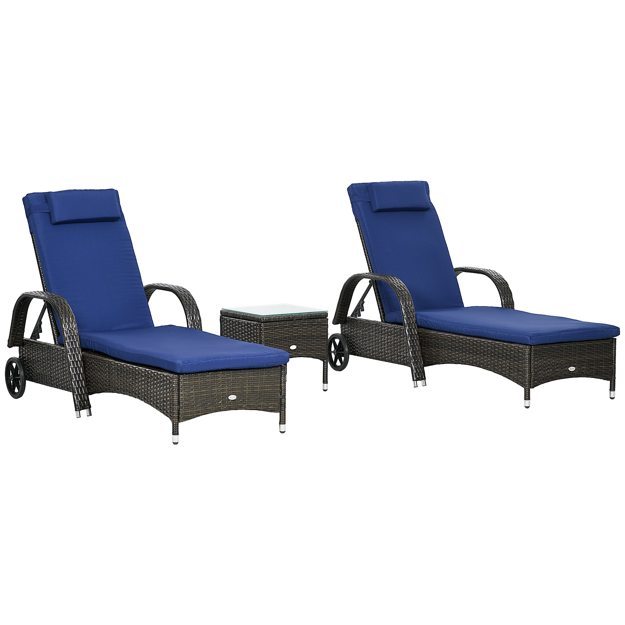 Outsunny 3 Pieces Wicker Patio Lounger Set with Table, PE Rattan Outdoor Lounge Chair Set with Cushions, Wheels, 5-Level Reclining Backrest, Headrest, Dark Blue