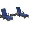 Outsunny 3 Pieces Wicker Patio Lounger Set with Table, PE Rattan Outdoor Lounge Chair Set with Cushions, Wheels, 5-Level Reclining Backrest, Headrest, Dark Blue