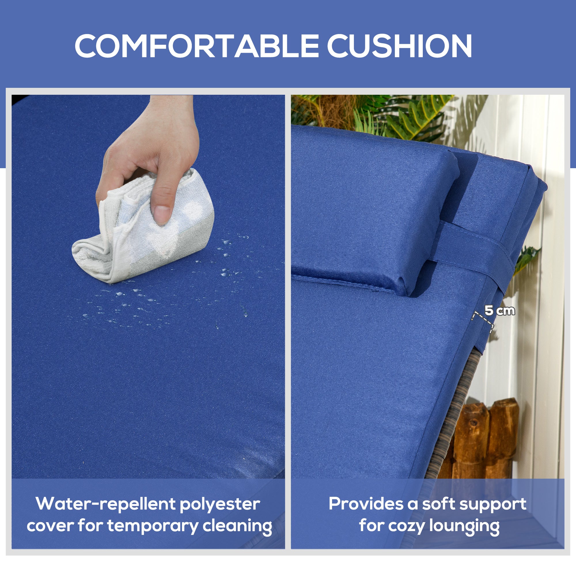 Outsunny 3 Pieces Wicker Patio Lounger Set with Table, PE Rattan Outdoor Lounge Chair Set with Cushions, Wheels, 5-Level Reclining Backrest, Headrest, Dark Blue