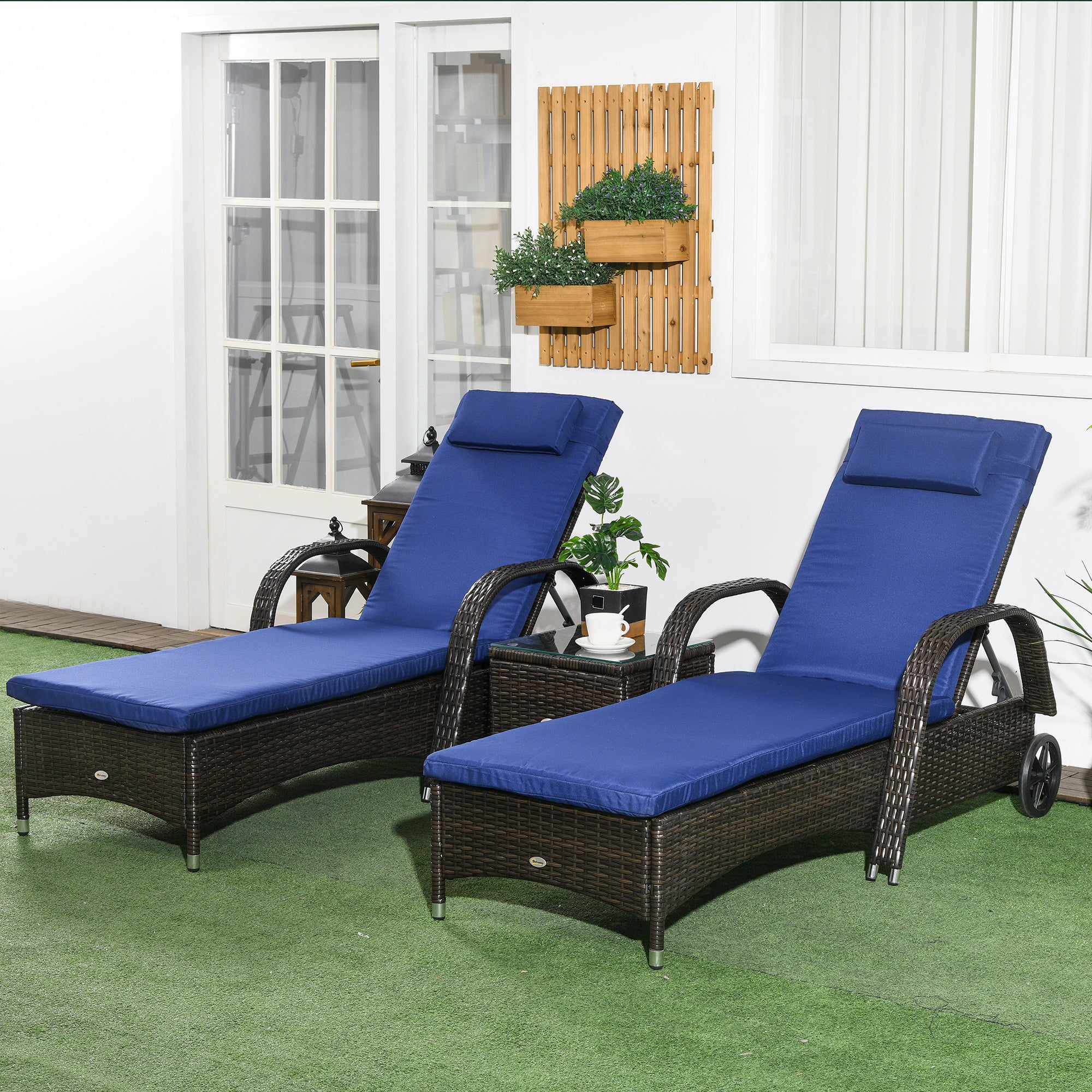 Outsunny 3 Pieces Wicker Patio Lounger Set with Table, PE Rattan Outdoor Lounge Chair Set with Cushions, Wheels, 5-Level Reclining Backrest, Headrest, Dark Blue