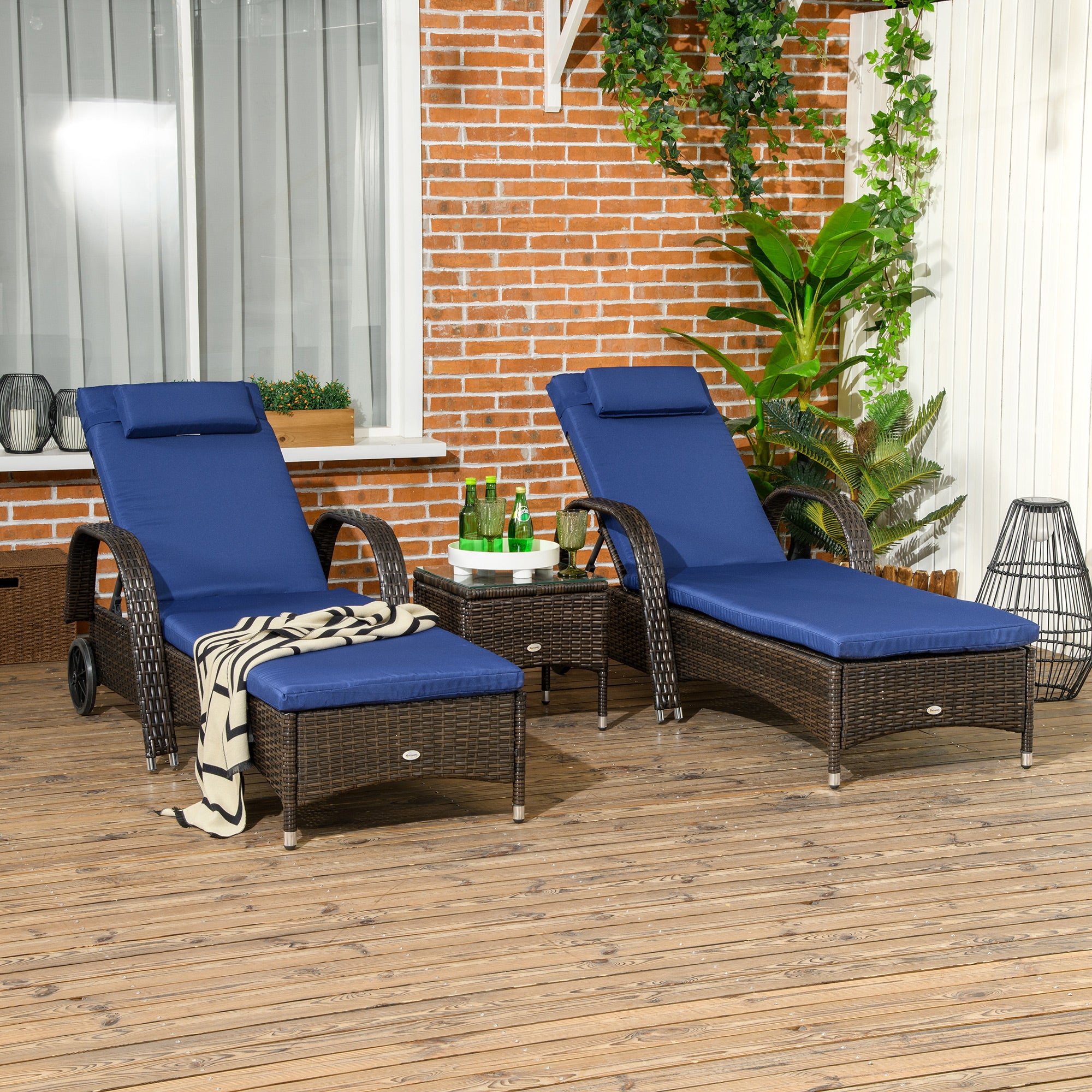 Outsunny 3 Pieces Wicker Patio Lounger Set with Table, PE Rattan Outdoor Lounge Chair Set with Cushions, Wheels, 5-Level Reclining Backrest, Headrest, Dark Blue