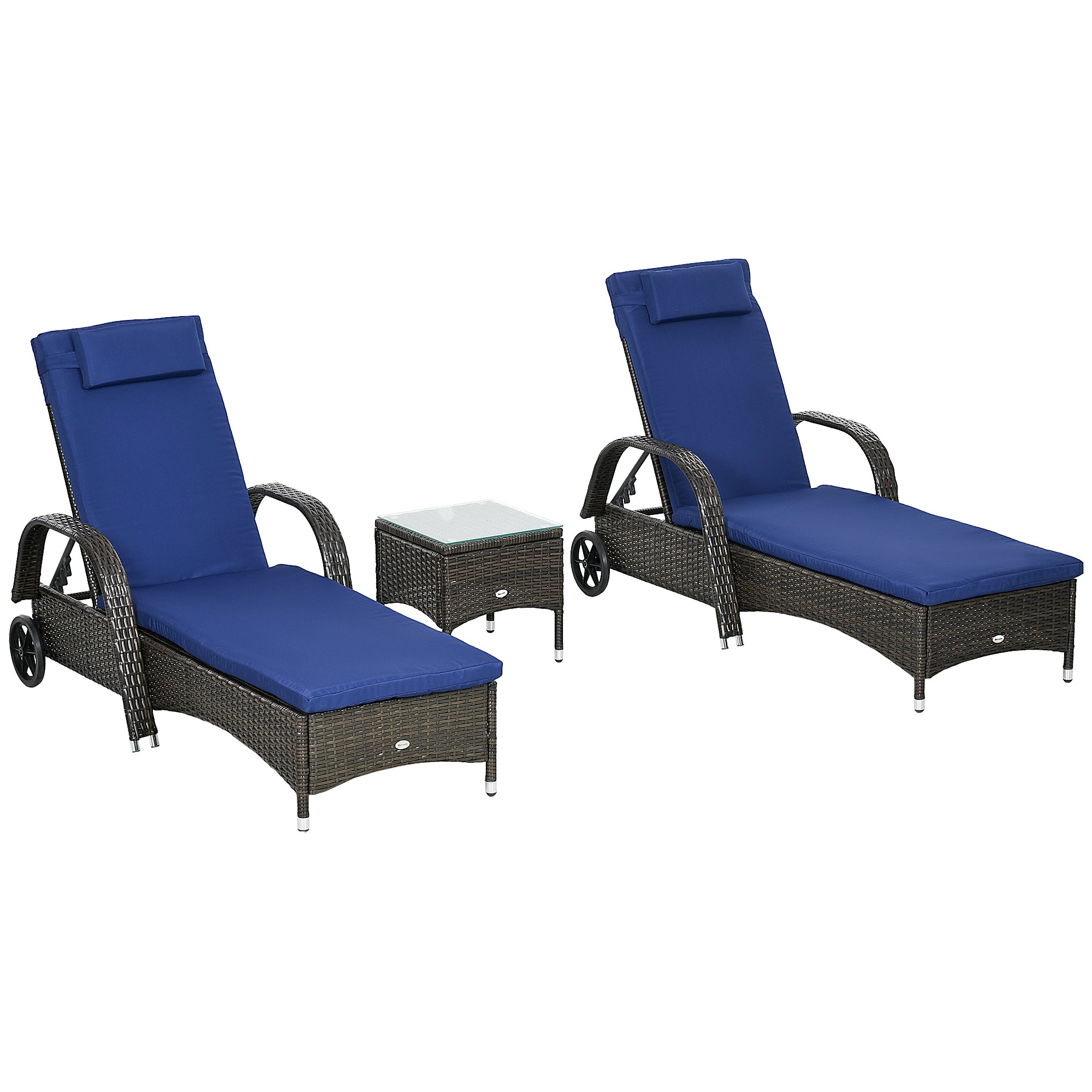 Outsunny 3 Pieces Wicker Patio Lounger Set with Table, PE Rattan Outdoor Lounge Chair Set with Cushions, Wheels, 5-Level Reclining Backrest, Headrest, Dark Blue