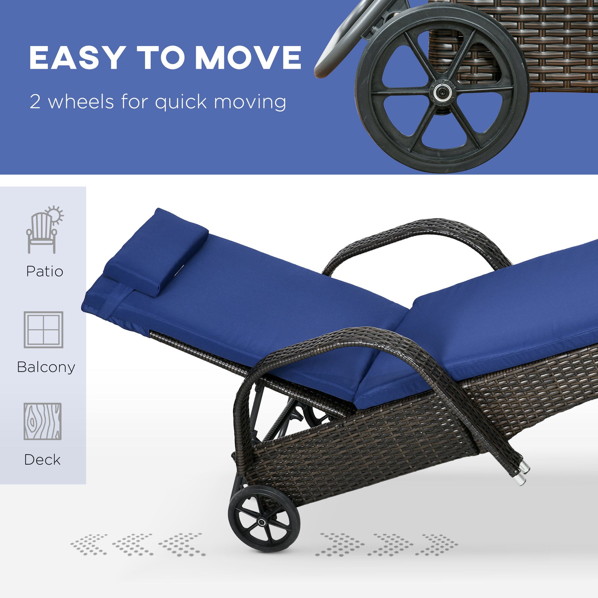 Outsunny 3 Pieces Wicker Patio Lounger Set with Table, PE Rattan Outdoor Lounge Chair Set with Cushions, Wheels, 5-Level Reclining Backrest, Headrest, Dark Blue