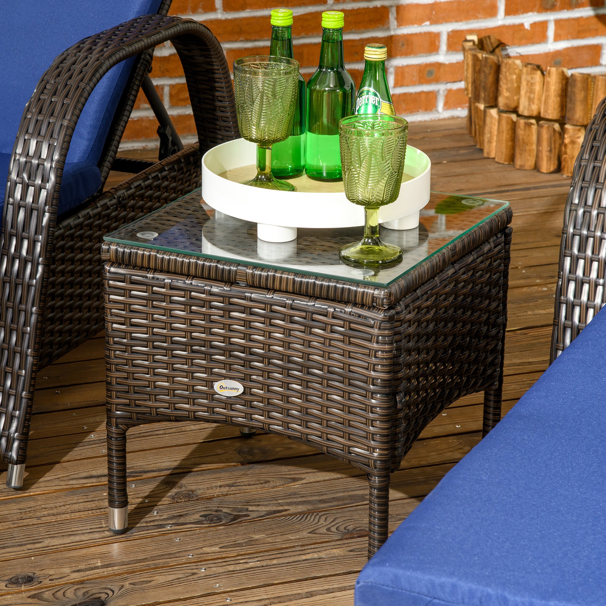 Outsunny 3 Pieces Wicker Patio Lounger Set with Table, PE Rattan Outdoor Lounge Chair Set with Cushions, Wheels, 5-Level Reclining Backrest, Headrest, Dark Blue