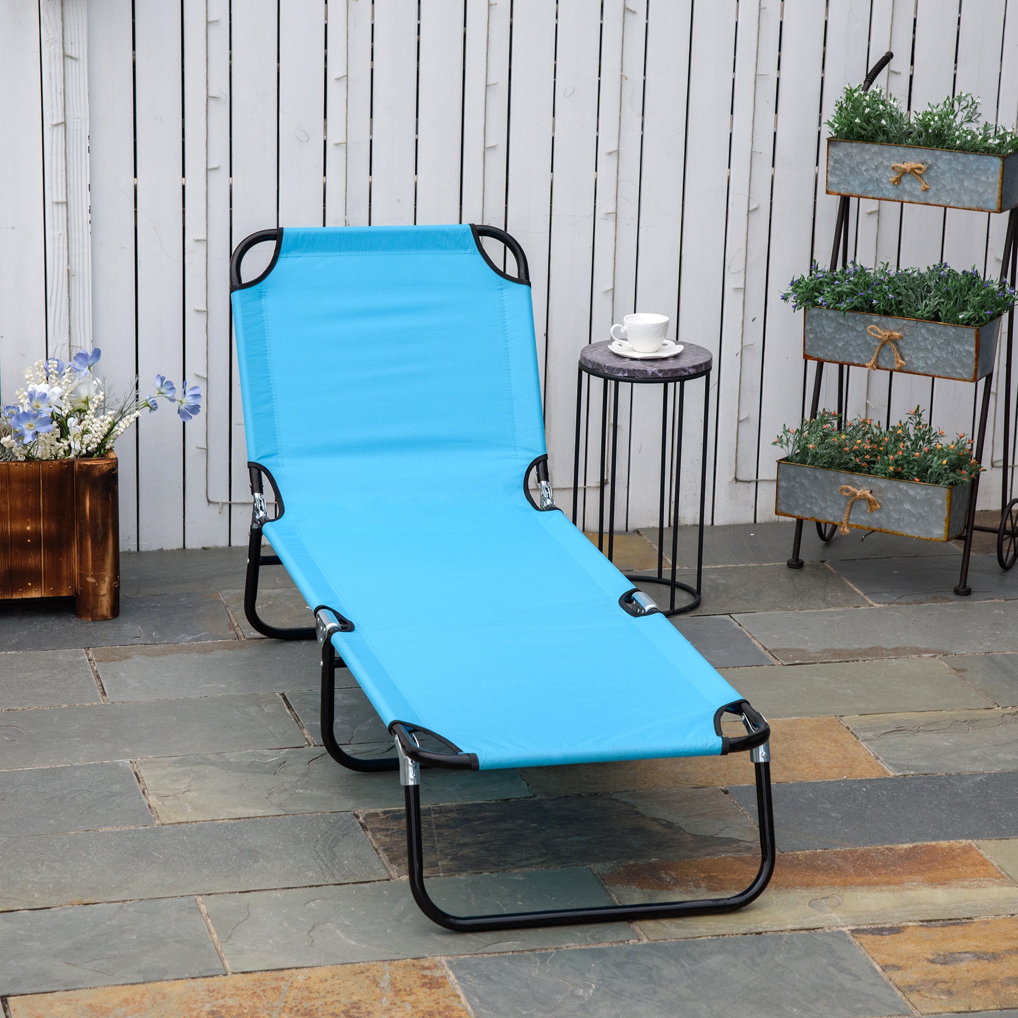 Outsunny Folding Lounge Chair, Outdoor Sun Tanning Chair with 5 Level Reclining Back, Steel Frame and Breathable Mesh for Beach, Yard, Patio, Sky Blue