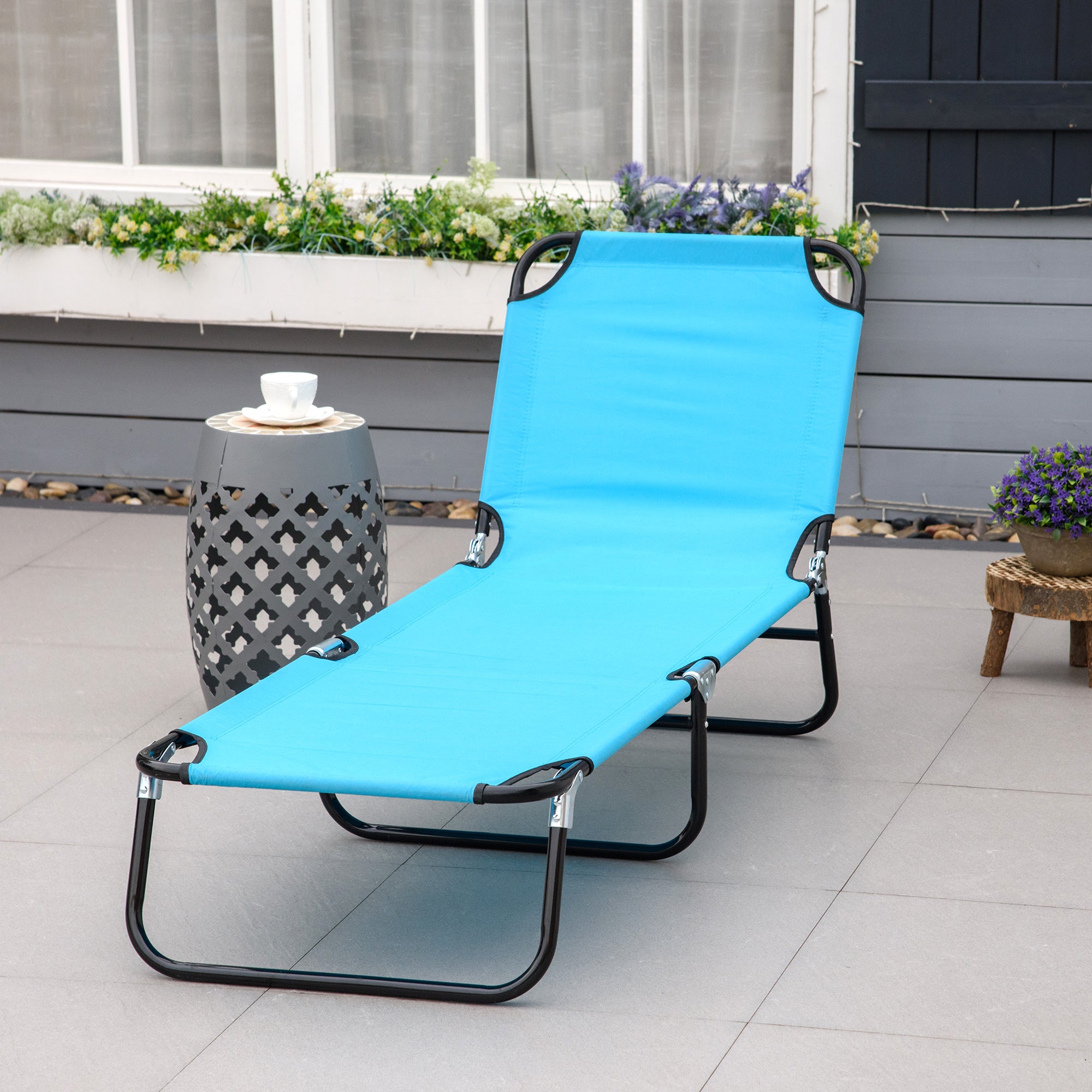 Outsunny Folding Lounge Chair, Outdoor Sun Tanning Chair with 5 Level Reclining Back, Steel Frame and Breathable Mesh for Beach, Yard, Patio, Sky Blue