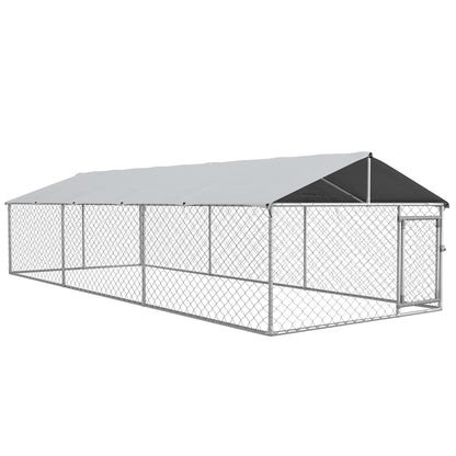 PawHut Large Dog Kennel Outside, Heavy Duty Dog Cage with Waterproof Cover, Outdoor Fence Dog Run with Galvanized Chain Link, Secure Lock, 19.7' x 7.5' x 4.9'