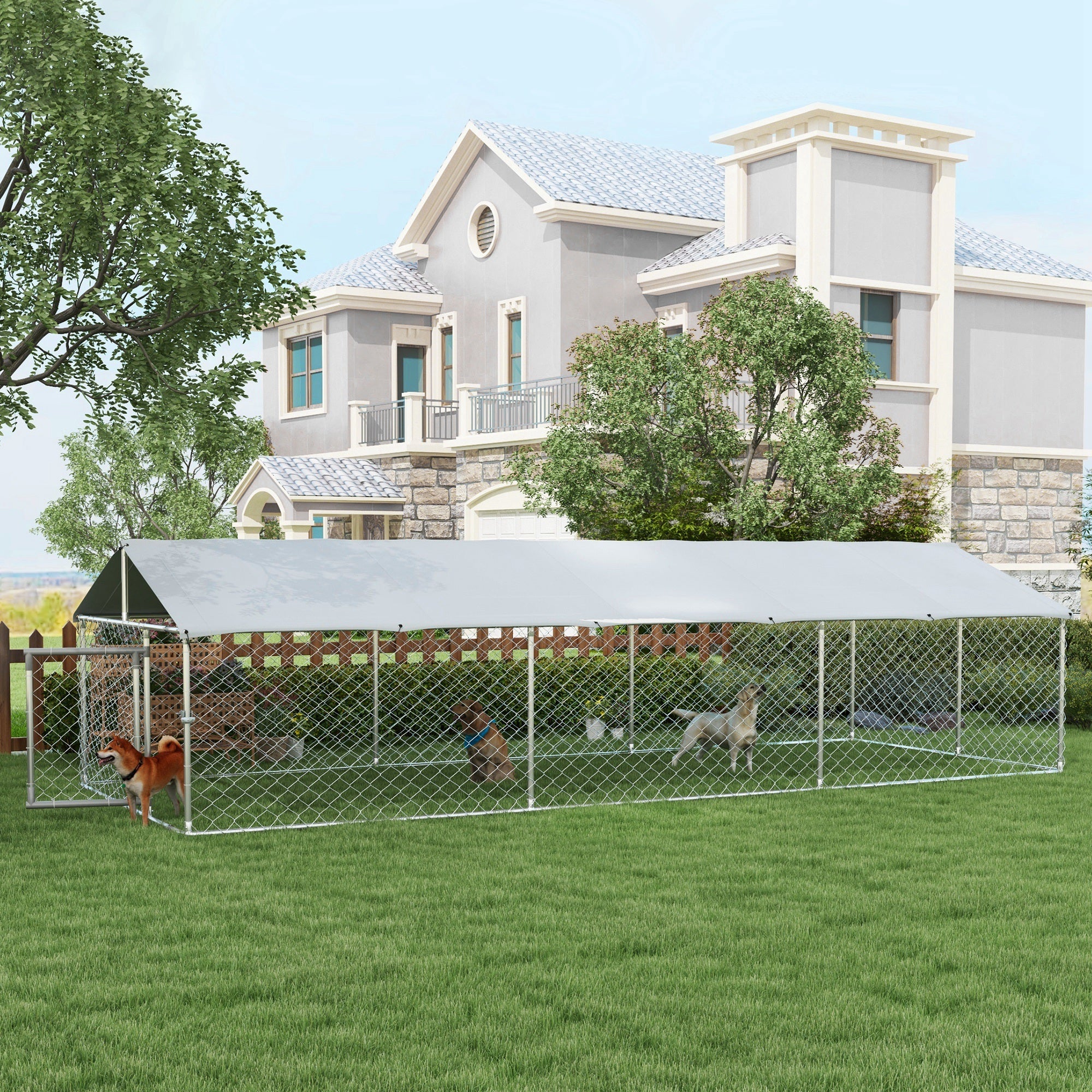 PawHut Large Dog Kennel Outside, Heavy Duty Dog Cage with Waterproof Cover, Outdoor Fence Dog Run with Galvanized Chain Link, Secure Lock, 19.7' x 7.5' x 4.9'