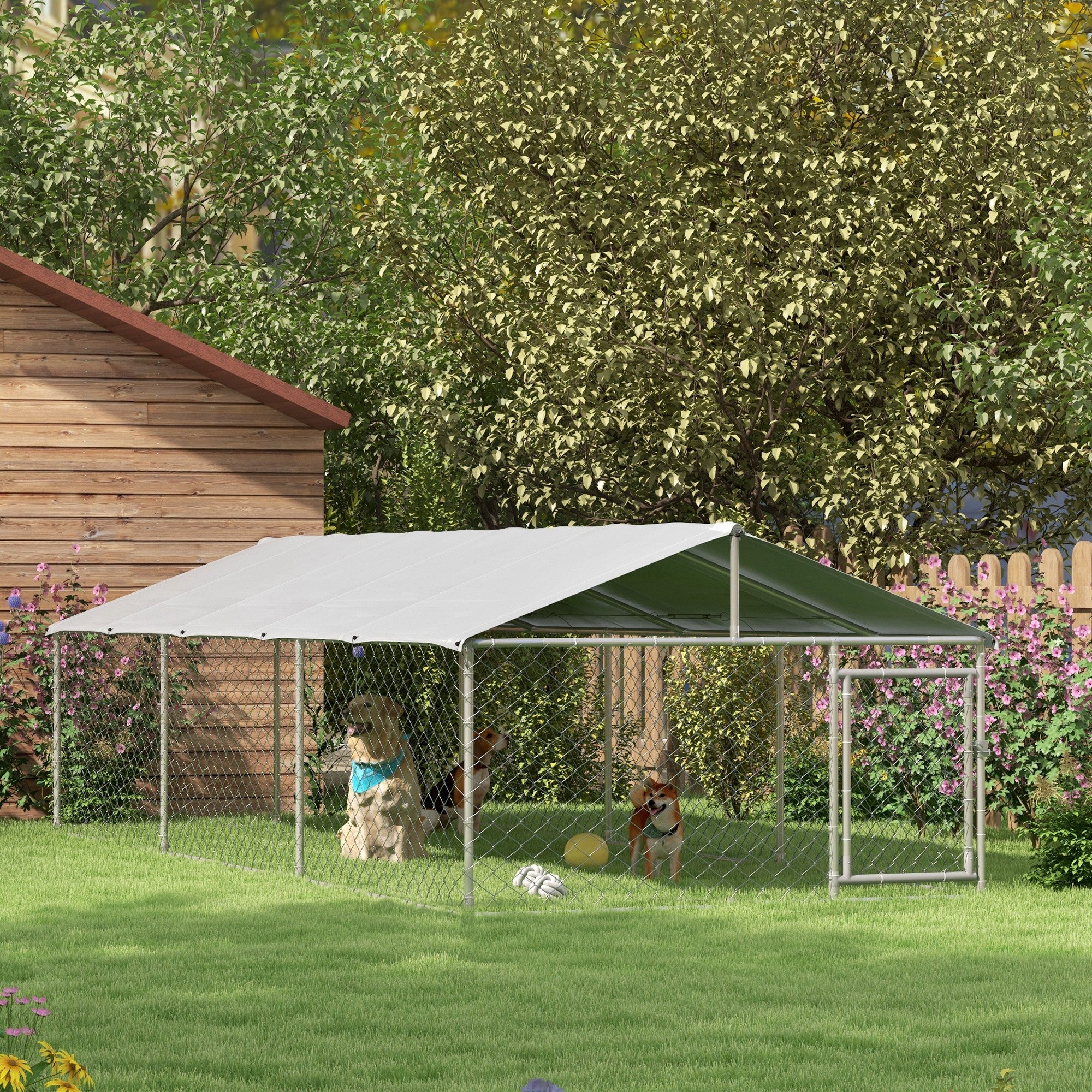 PawHut Large Dog Kennel Outside, Heavy Duty Dog Cage with Waterproof Cover, Outdoor Fence Dog Run with Galvanized Chain Link, Secure Lock, 19.7' x 7.5' x 4.9'