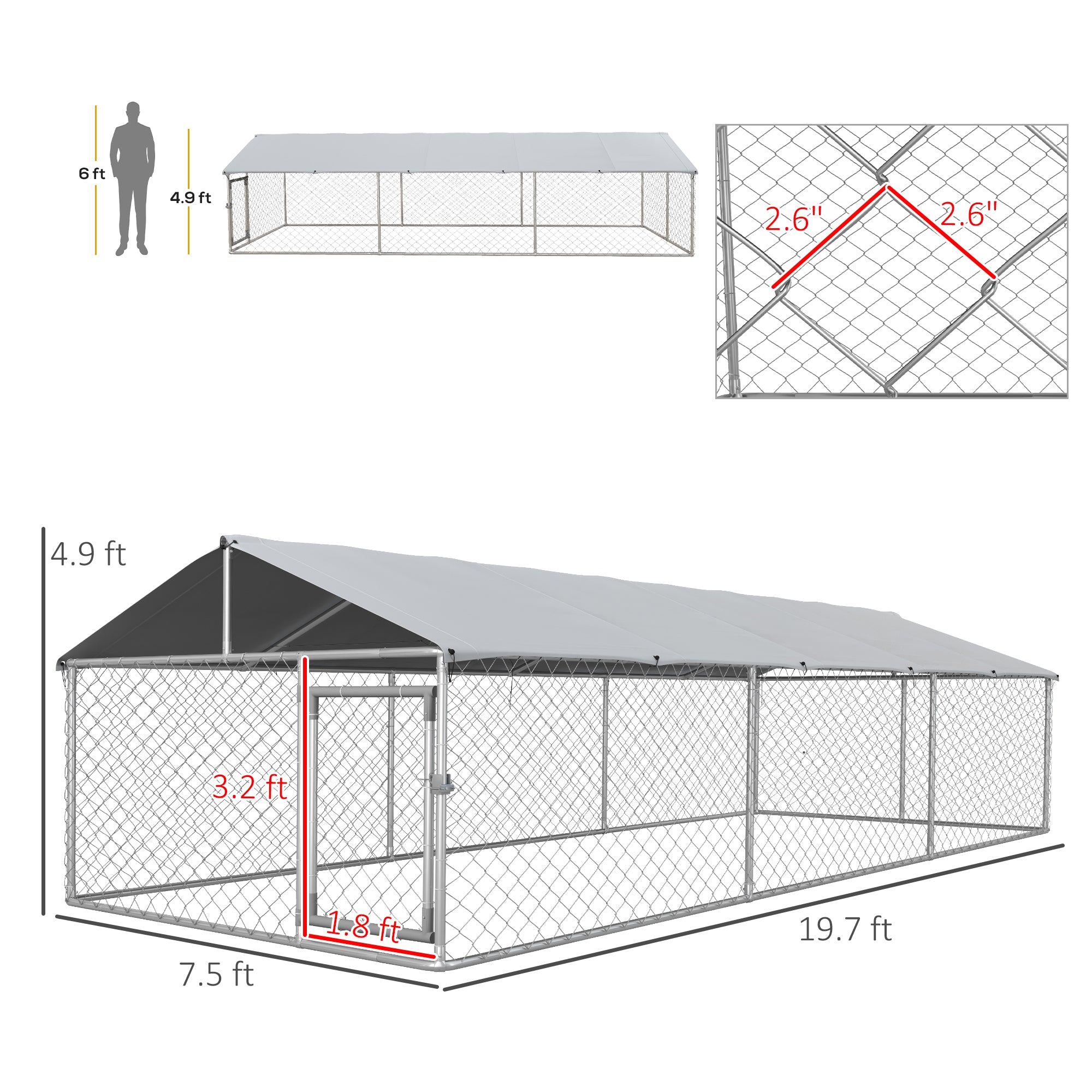 PawHut Large Dog Kennel Outside, Heavy Duty Dog Cage with Waterproof Cover, Outdoor Fence Dog Run with Galvanized Chain Link, Secure Lock, 19.7' x 7.5' x 4.9'