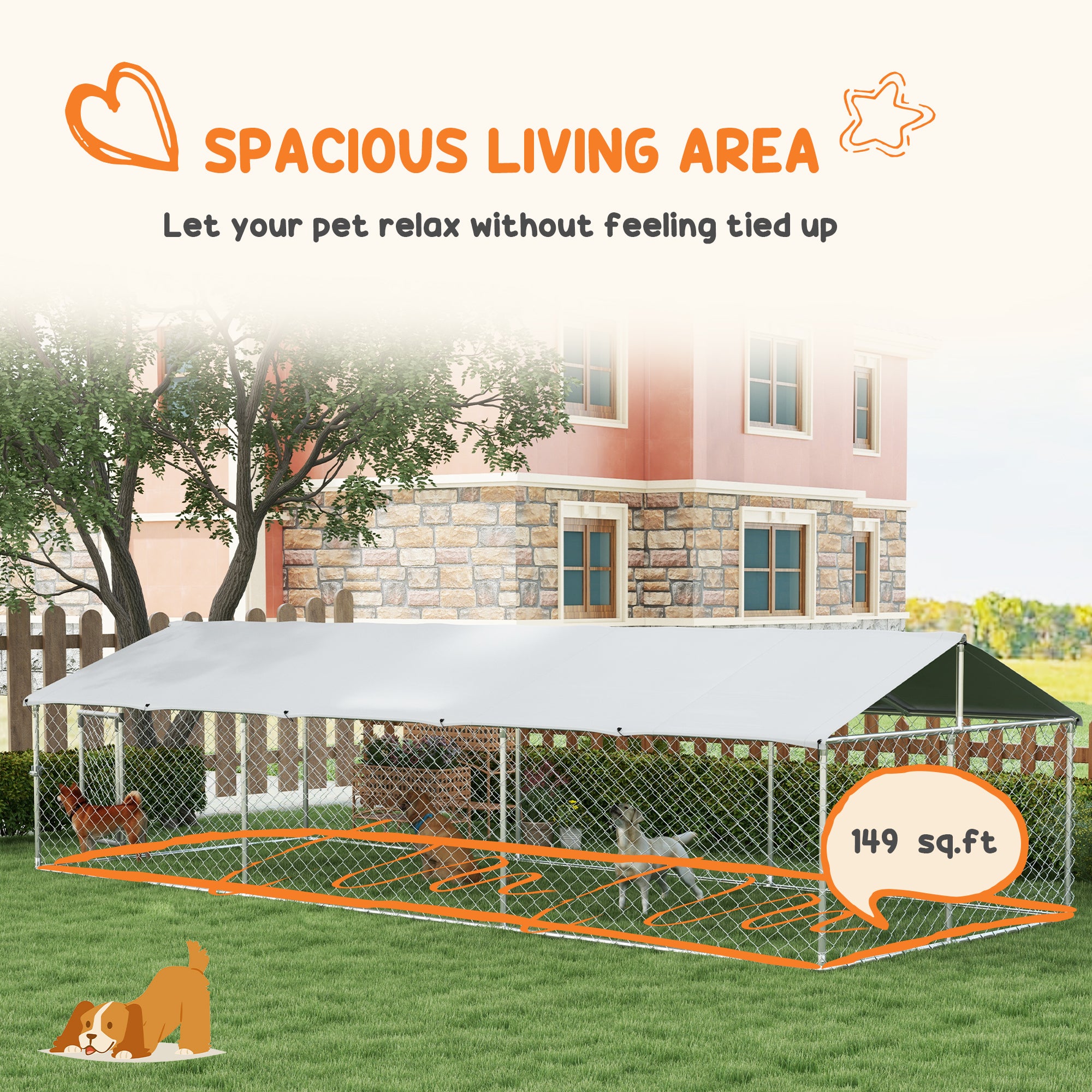 PawHut Large Dog Kennel Outside, Heavy Duty Dog Cage with Waterproof Cover, Outdoor Fence Dog Run with Galvanized Chain Link, Secure Lock, 19.7' x 7.5' x 4.9'