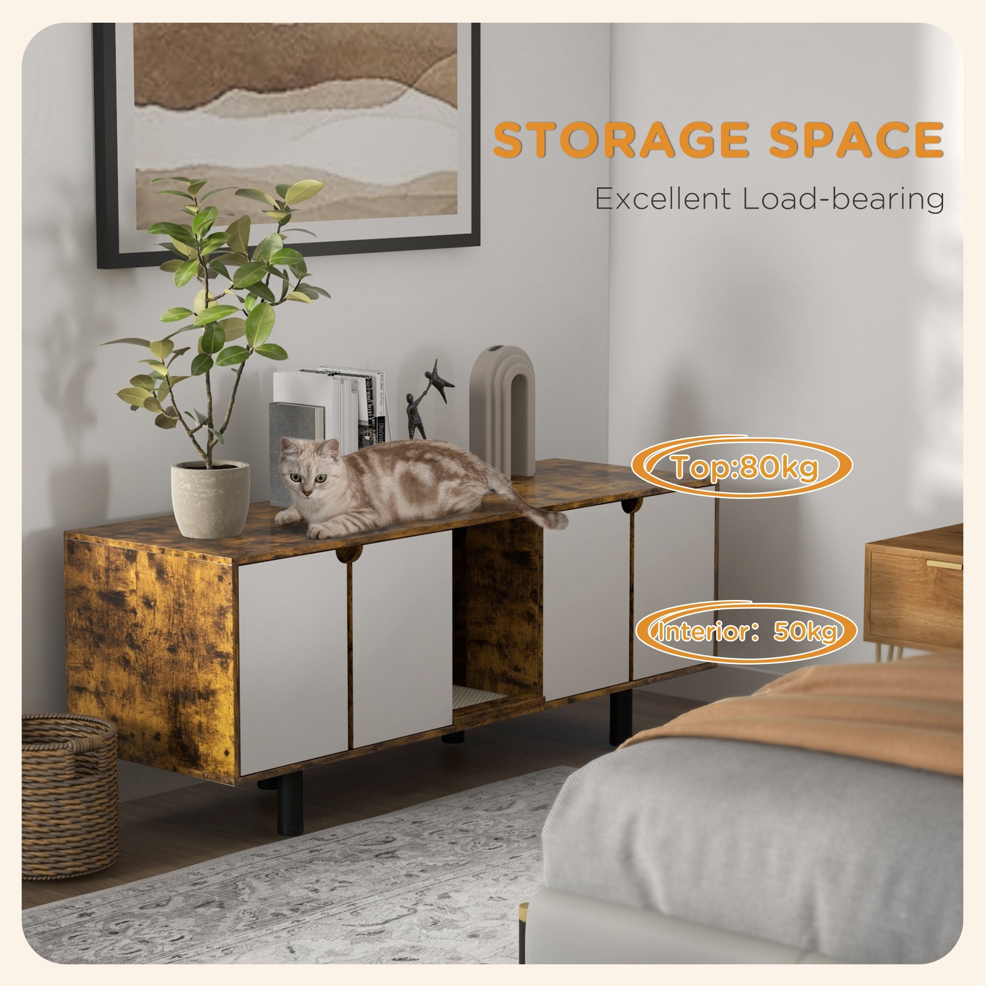 PawHut Hidden Cat Litter Box Enclosure for 2 Cats, Litter Box Furniture TV Stand Cat Condo with 2 Cabinets, Sand Drain Pad, Double Doors, for Indoor Use, Rustic Brown