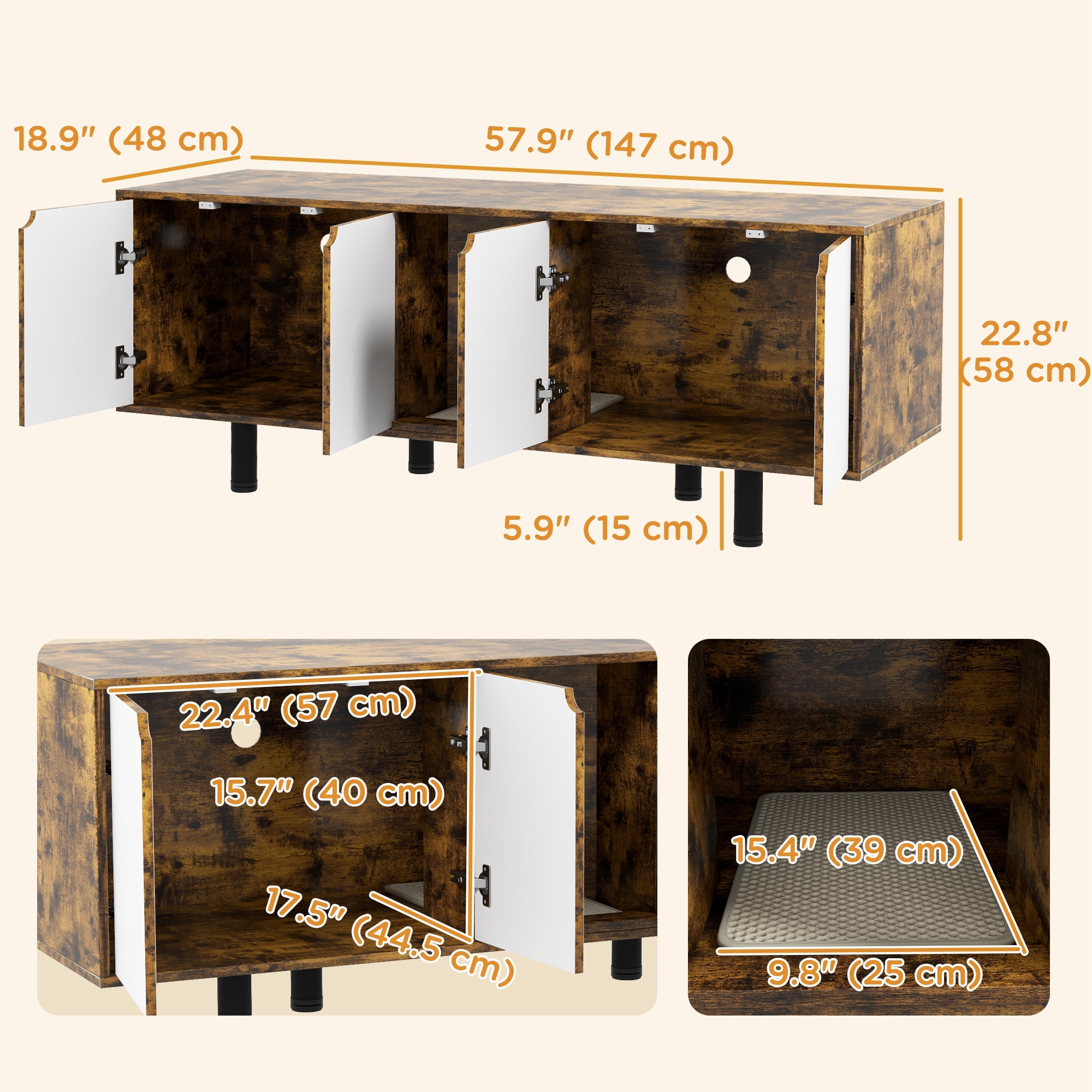 PawHut Hidden Cat Litter Box Enclosure for 2 Cats, Litter Box Furniture TV Stand Cat Condo with 2 Cabinets, Sand Drain Pad, Double Doors, for Indoor Use, Rustic Brown