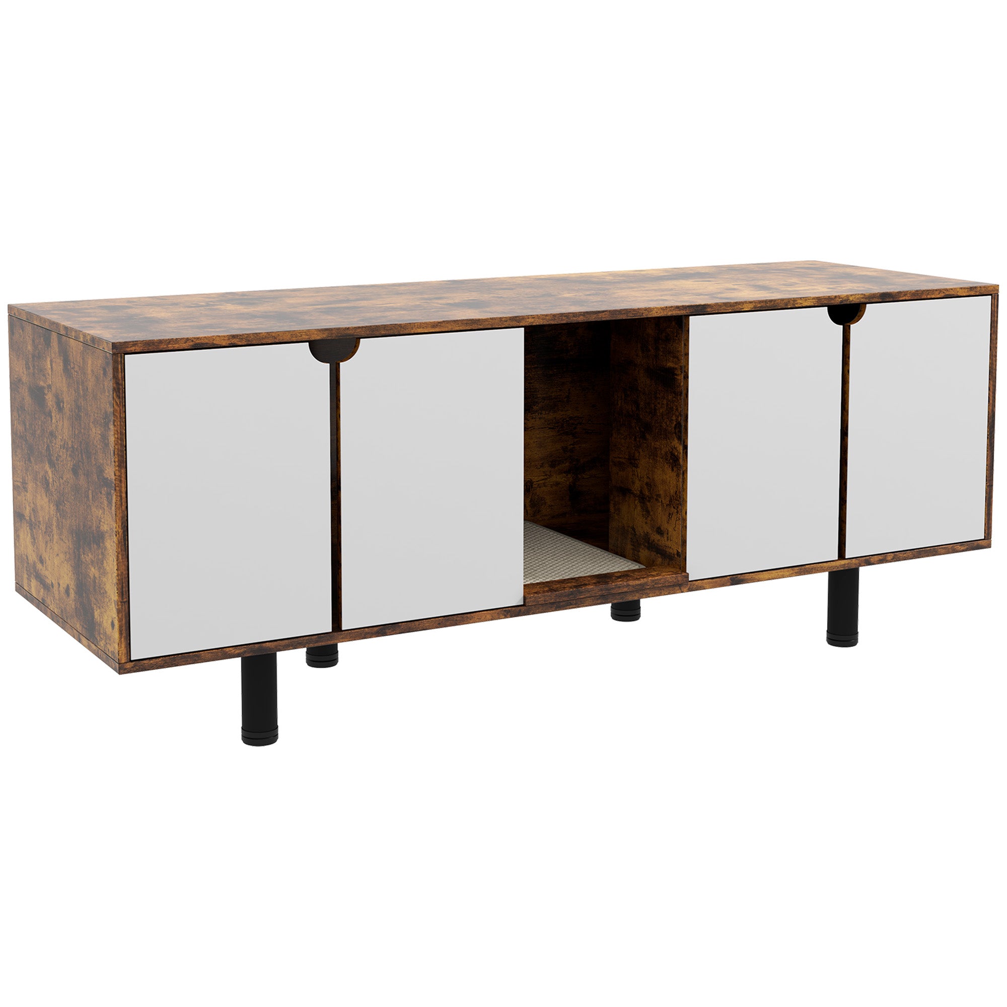 PawHut Hidden Cat Litter Box Enclosure for 2 Cats, Litter Box Furniture TV Stand Cat Condo with 2 Cabinets, Sand Drain Pad, Double Doors, for Indoor Use, Rustic Brown