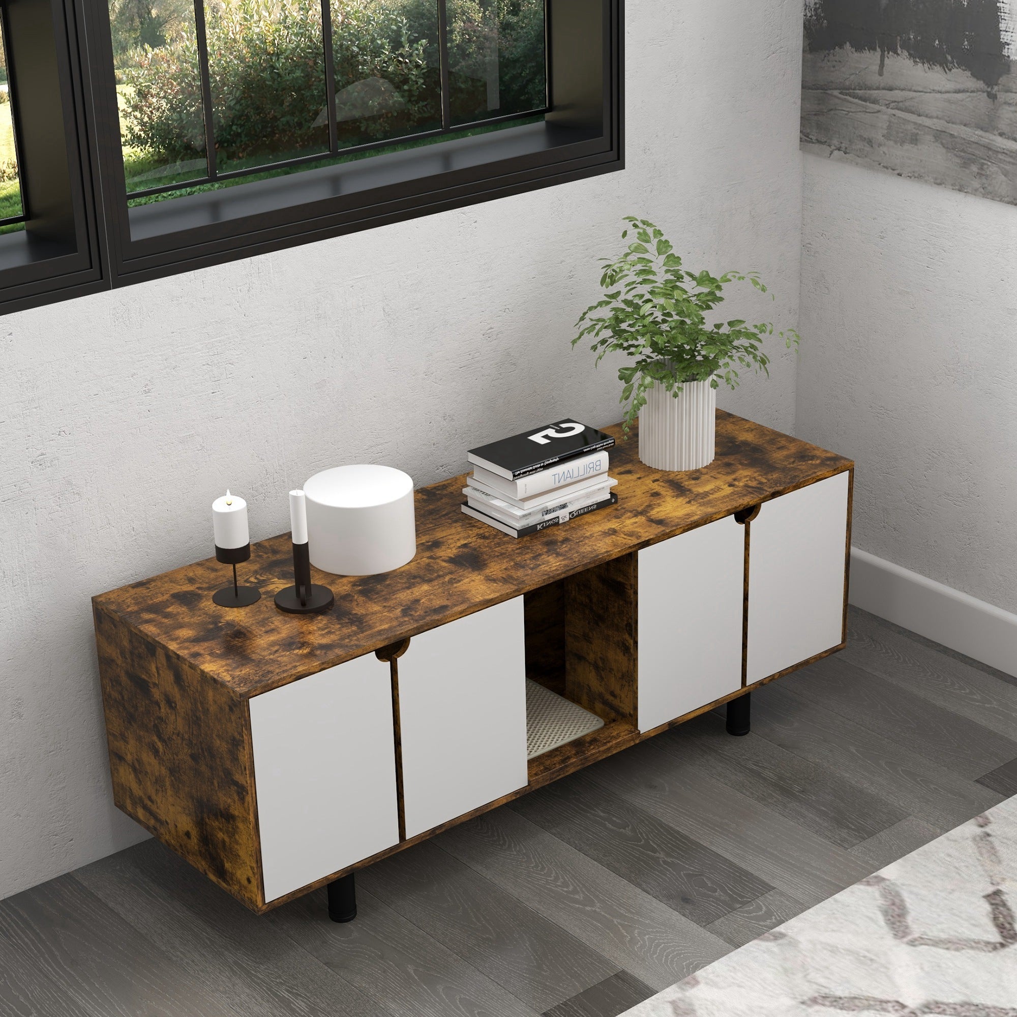 PawHut Hidden Cat Litter Box Enclosure for 2 Cats, Litter Box Furniture TV Stand Cat Condo with 2 Cabinets, Sand Drain Pad, Double Doors, for Indoor Use, Rustic Brown