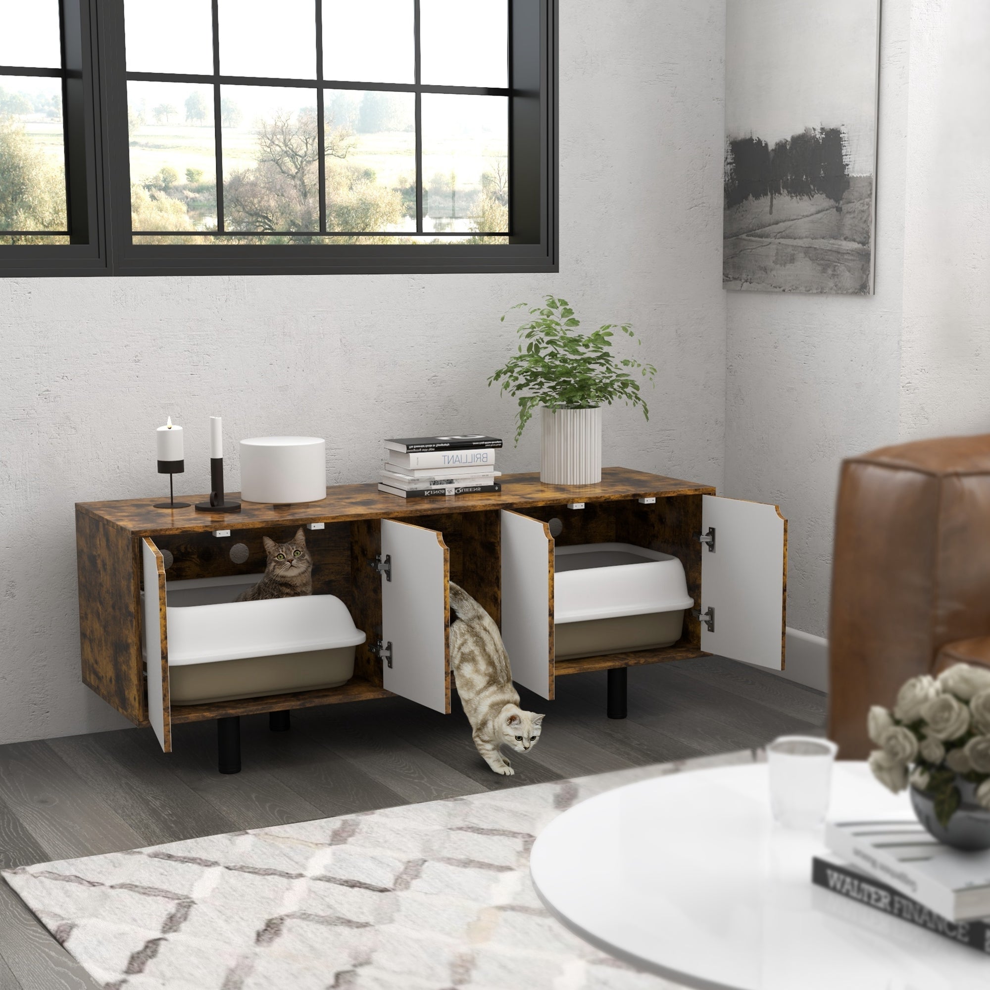 PawHut Hidden Cat Litter Box Enclosure for 2 Cats, Litter Box Furniture TV Stand Cat Condo with 2 Cabinets, Sand Drain Pad, Double Doors, for Indoor Use, Rustic Brown