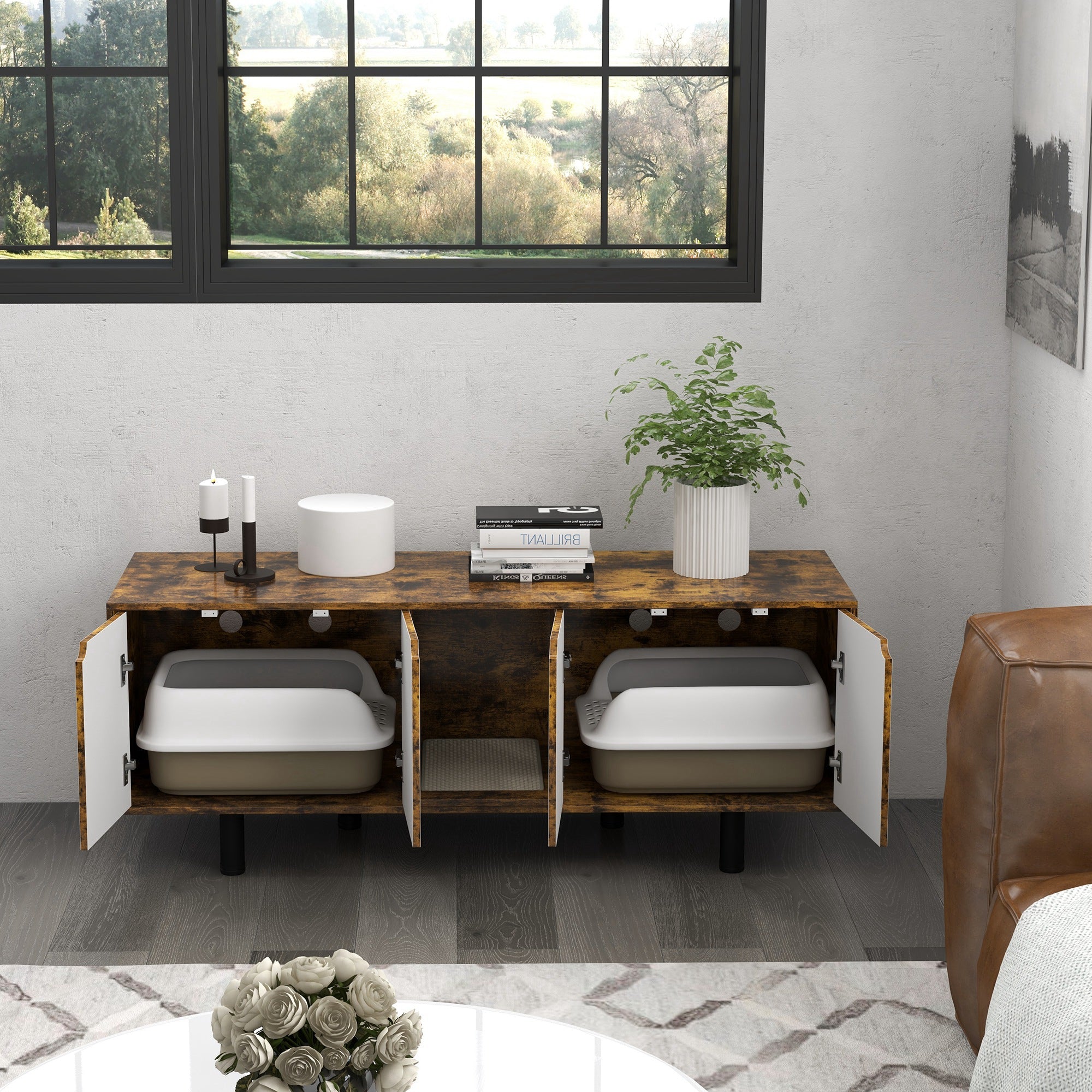 PawHut Hidden Cat Litter Box Enclosure for 2 Cats, Litter Box Furniture TV Stand Cat Condo with 2 Cabinets, Sand Drain Pad, Double Doors, for Indoor Use, Rustic Brown