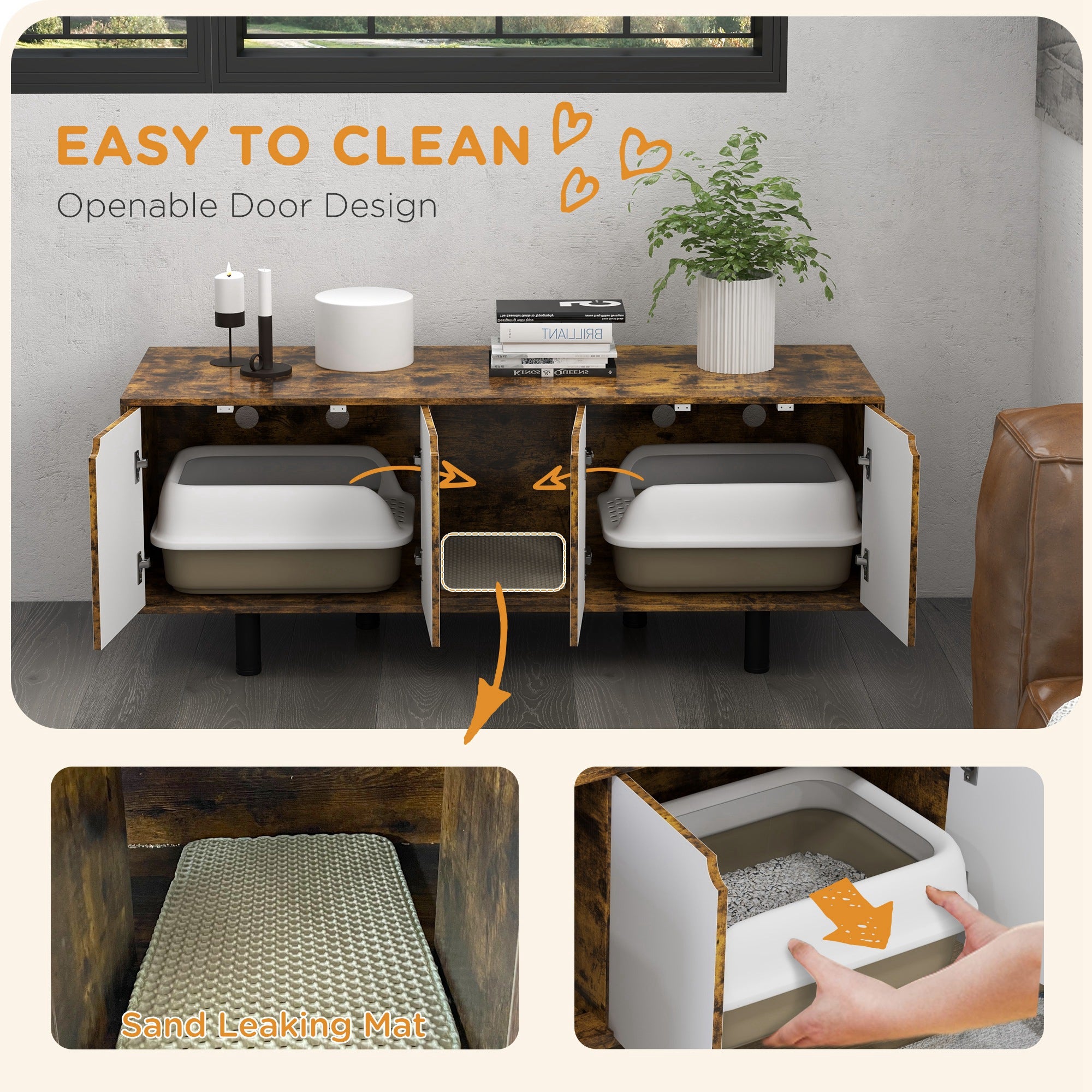 PawHut Hidden Cat Litter Box Enclosure for 2 Cats, Litter Box Furniture TV Stand Cat Condo with 2 Cabinets, Sand Drain Pad, Double Doors, for Indoor Use, Rustic Brown