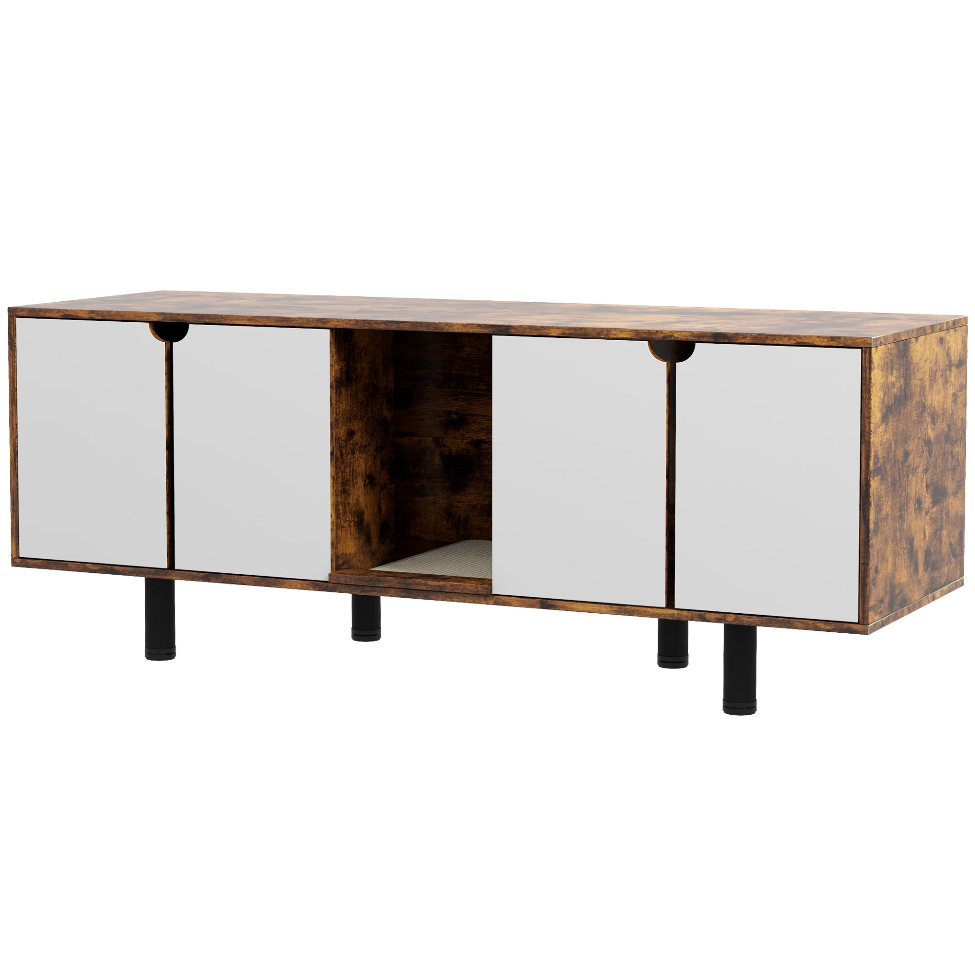 PawHut Hidden Cat Litter Box Enclosure for 2 Cats, Litter Box Furniture TV Stand Cat Condo with 2 Cabinets, Sand Drain Pad, Double Doors, for Indoor Use, Rustic Brown