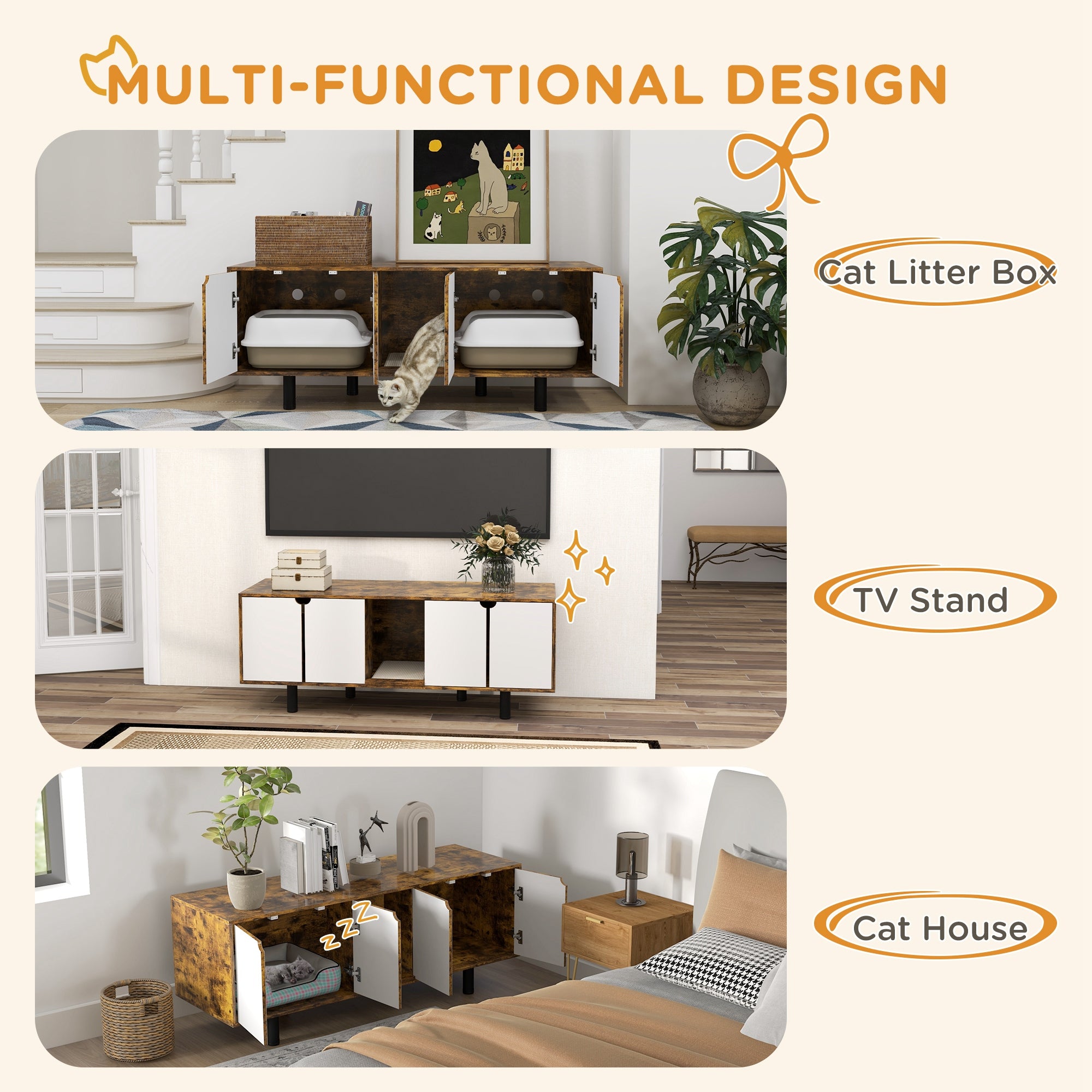 PawHut Hidden Cat Litter Box Enclosure for 2 Cats, Litter Box Furniture TV Stand Cat Condo with 2 Cabinets, Sand Drain Pad, Double Doors, for Indoor Use, Rustic Brown