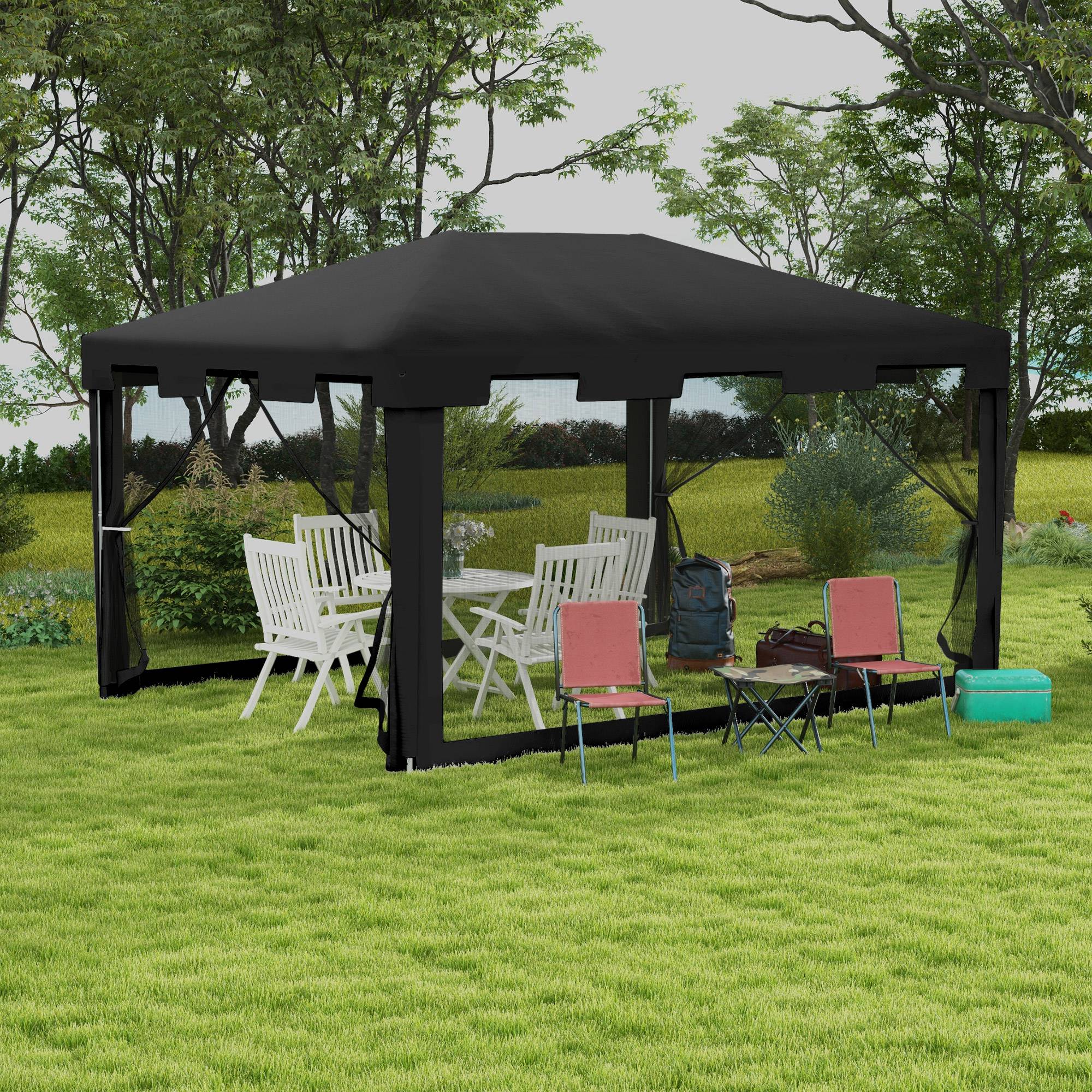 Outsunny 10x13ft Outdoor Gazebo Canopy, Garden Party Tent Patio Sun Shade Shelter Wedding Tent with Mesh Sidewalls and 2 Doors, Dark Grey