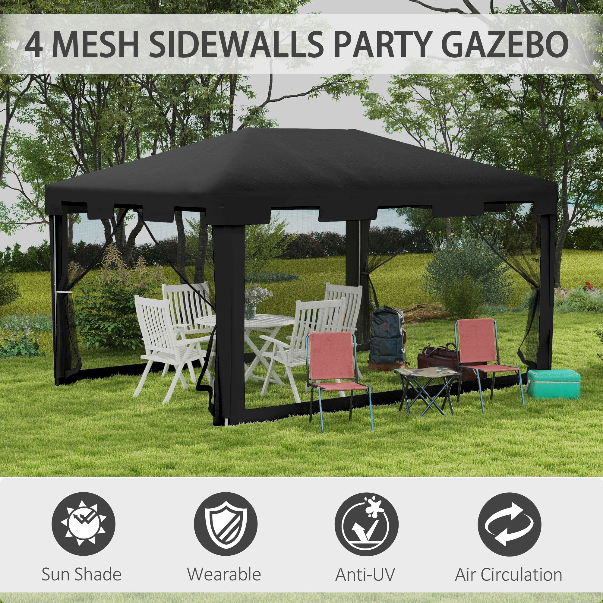 Outsunny 10x13ft Outdoor Gazebo Canopy, Garden Party Tent Patio Sun Shade Shelter Wedding Tent with Mesh Sidewalls and 2 Doors, Dark Grey