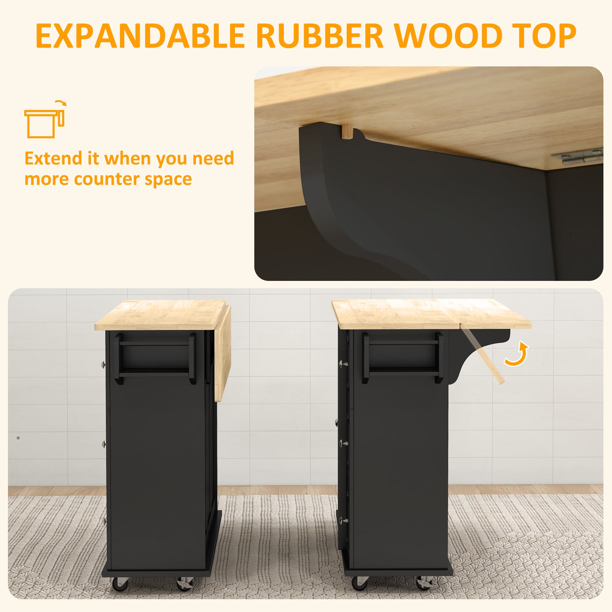 HOMCOM Kitchen Island with Drop Leaf, Rolling Kitchen Cart on Wheels with 3 Drawers, Cabinet, Natural Wood Top, Spice Rack and Towel Rack, Black