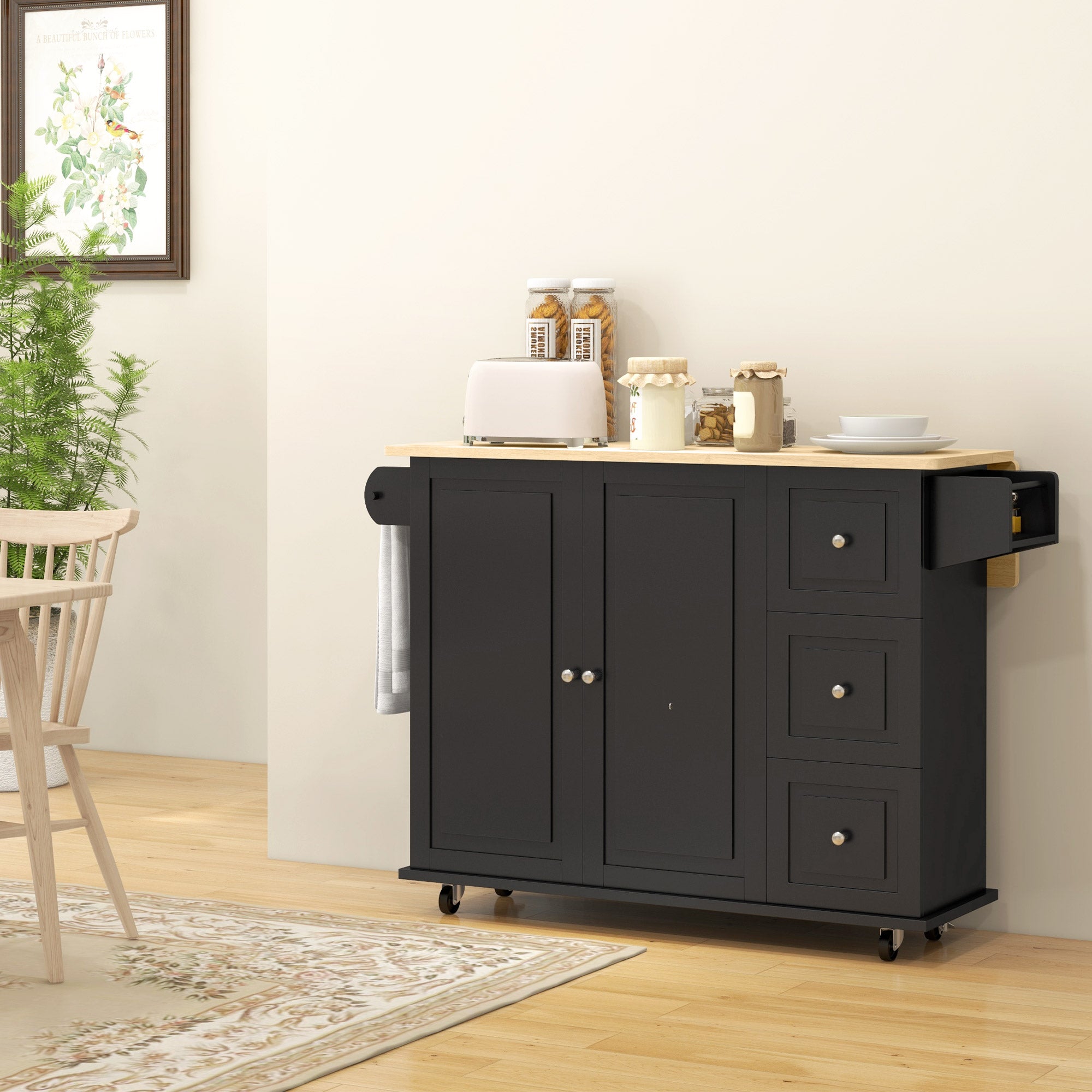 HOMCOM Kitchen Island with Drop Leaf, Rolling Kitchen Cart on Wheels with 3 Drawers, Cabinet, Natural Wood Top, Spice Rack and Towel Rack, Black