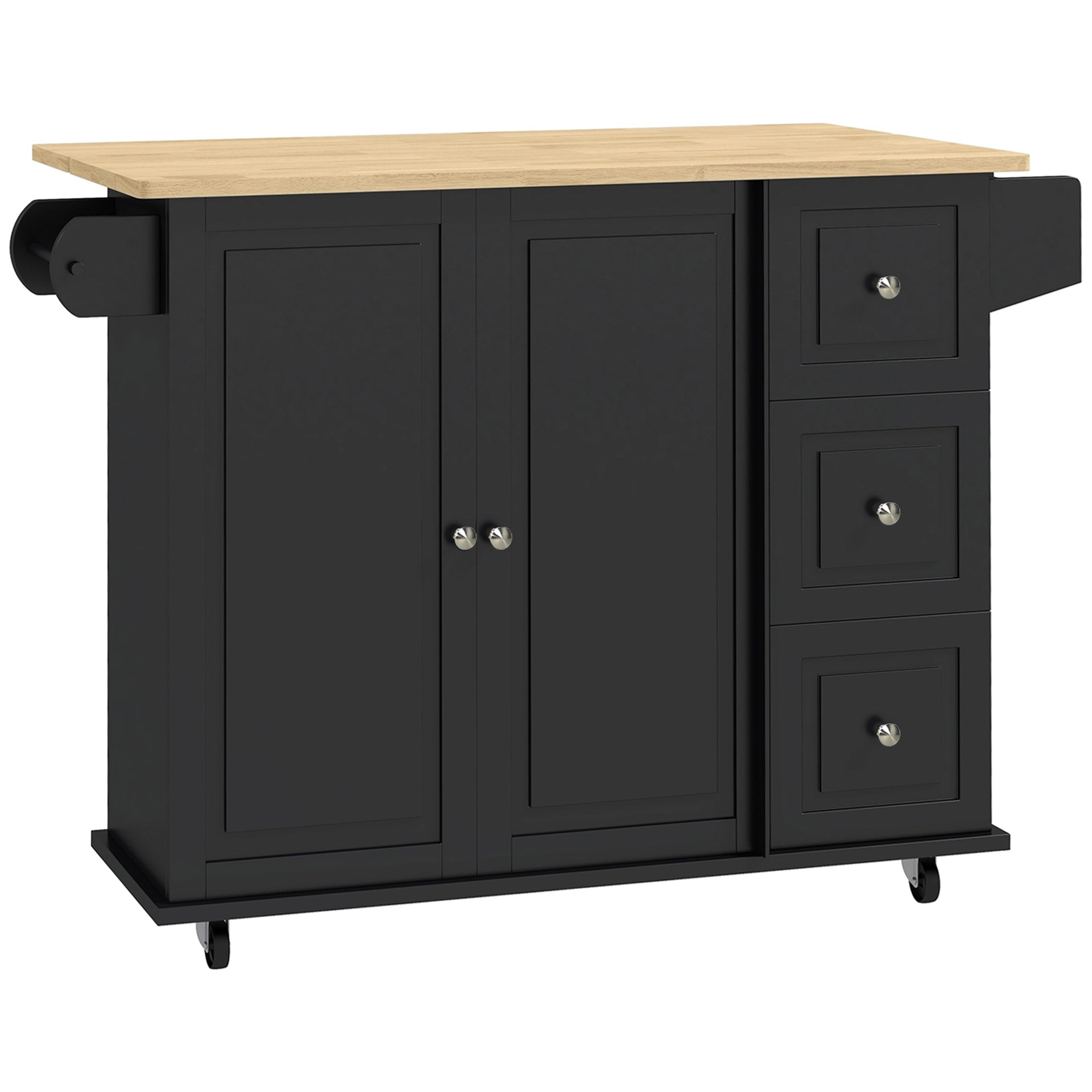 HOMCOM Kitchen Island with Drop Leaf, Rolling Kitchen Cart on Wheels with 3 Drawers, Cabinet, Natural Wood Top, Spice Rack and Towel Rack, Black
