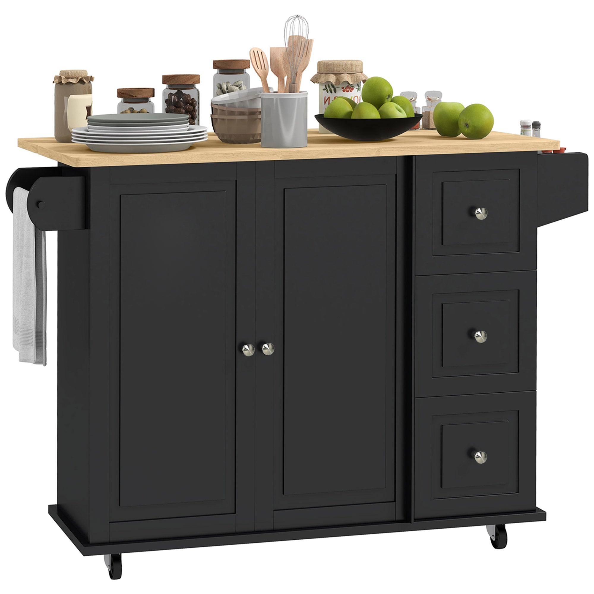 HOMCOM Kitchen Island with Drop Leaf, Rolling Kitchen Cart on Wheels with 3 Drawers, Cabinet, Natural Wood Top, Spice Rack and Towel Rack, Black