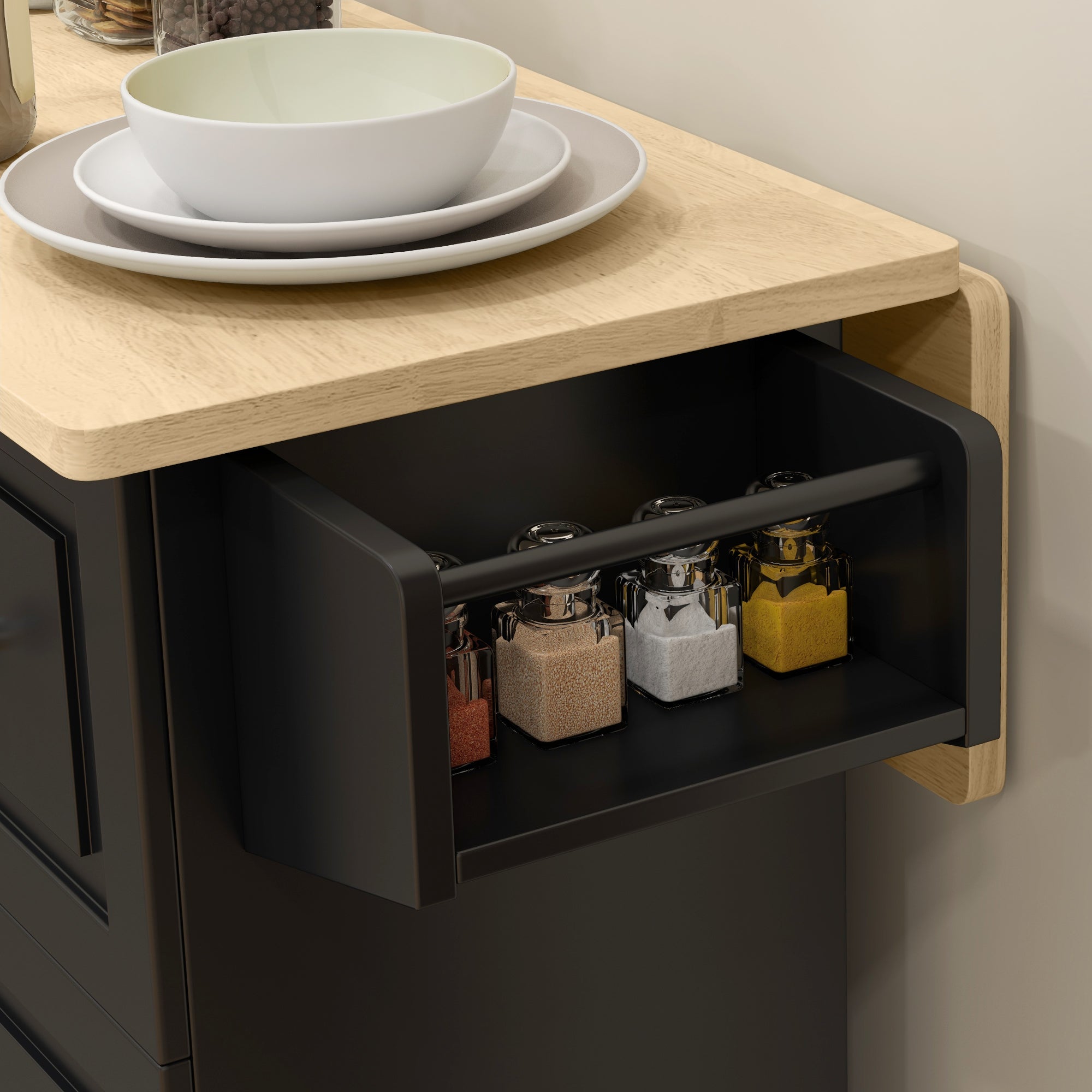 HOMCOM Kitchen Island with Drop Leaf, Rolling Kitchen Cart on Wheels with 3 Drawers, Cabinet, Natural Wood Top, Spice Rack and Towel Rack, Black