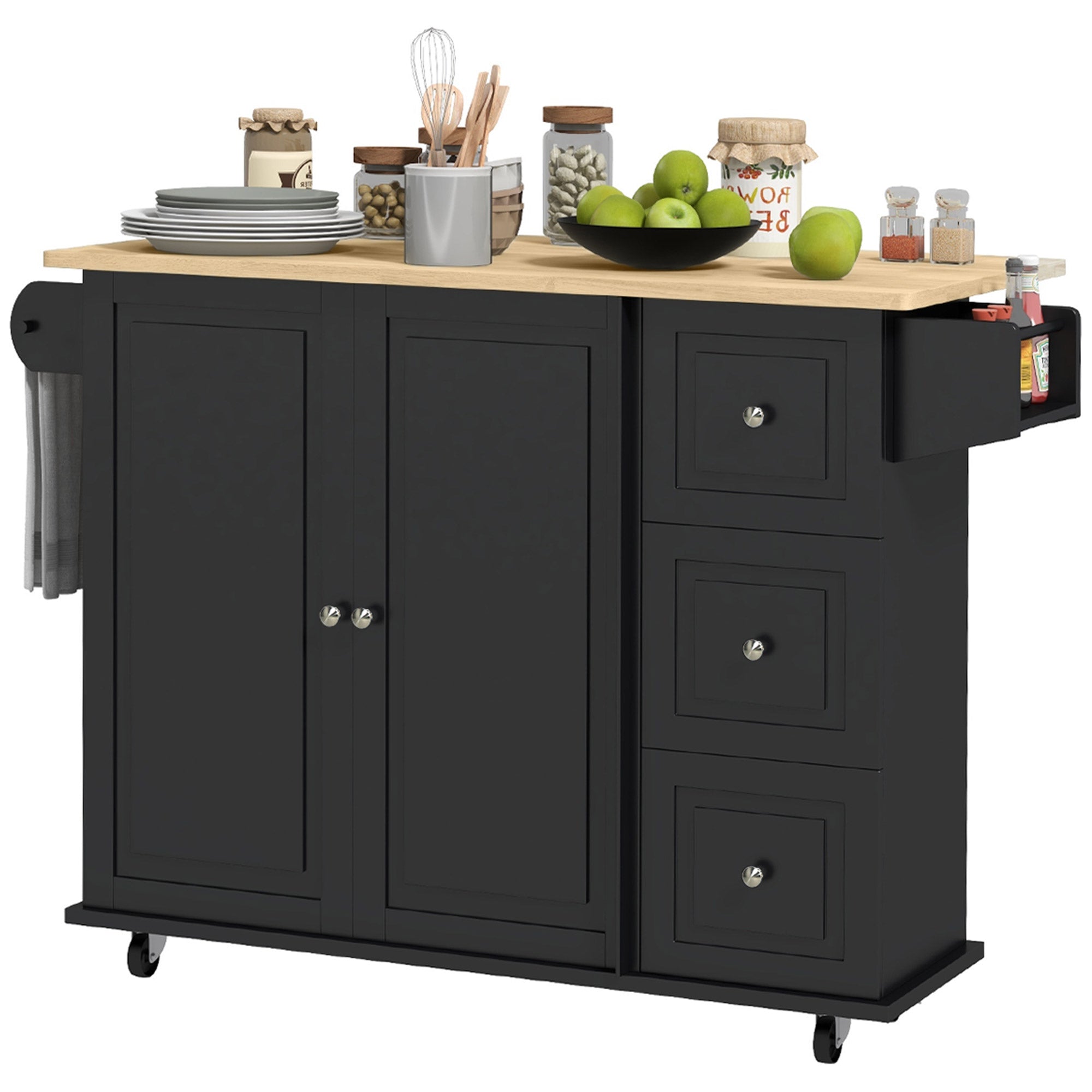 HOMCOM Kitchen Island with Drop Leaf, Rolling Kitchen Cart on Wheels with 3 Drawers, Cabinet, Natural Wood Top, Spice Rack and Towel Rack, Black