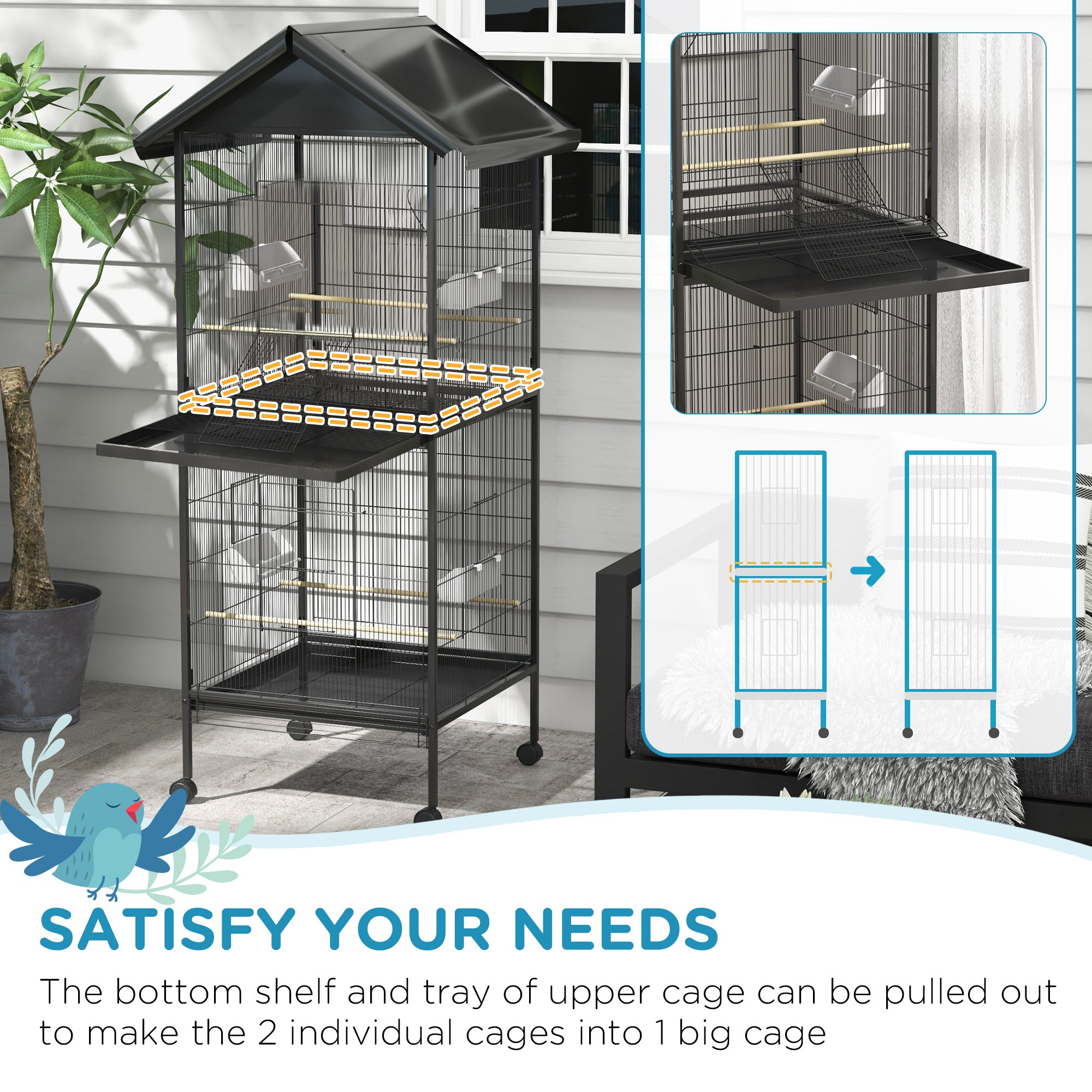 PawHut Wrought Metal Bird Cage Feeder with Rolling Stand Perches Food Containers Doors Wheels 67" H, Black