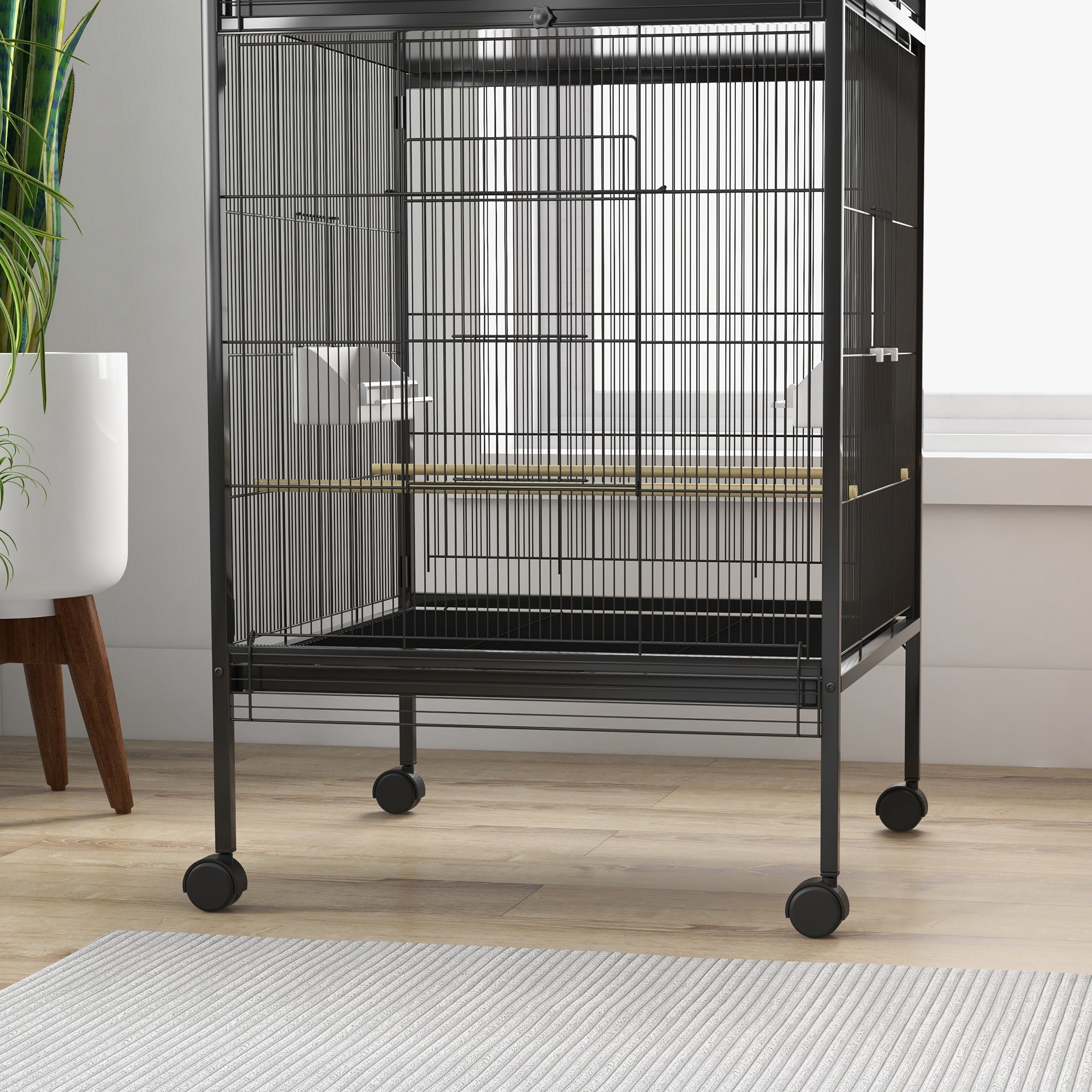 PawHut Wrought Metal Bird Cage Feeder with Rolling Stand Perches Food Containers Doors Wheels 67" H, Black