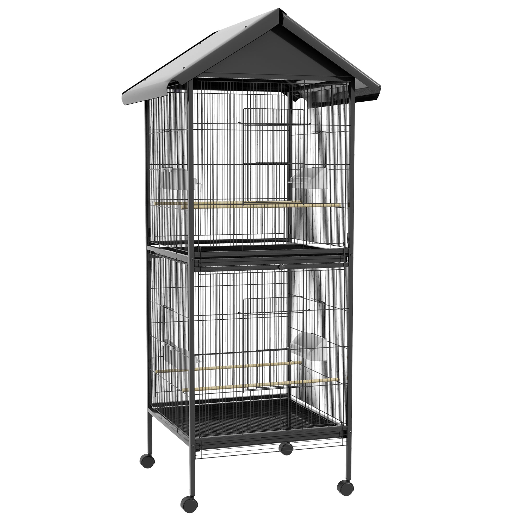 PawHut Wrought Metal Bird Cage Feeder with Rolling Stand Perches Food Containers Doors Wheels 67" H, Black