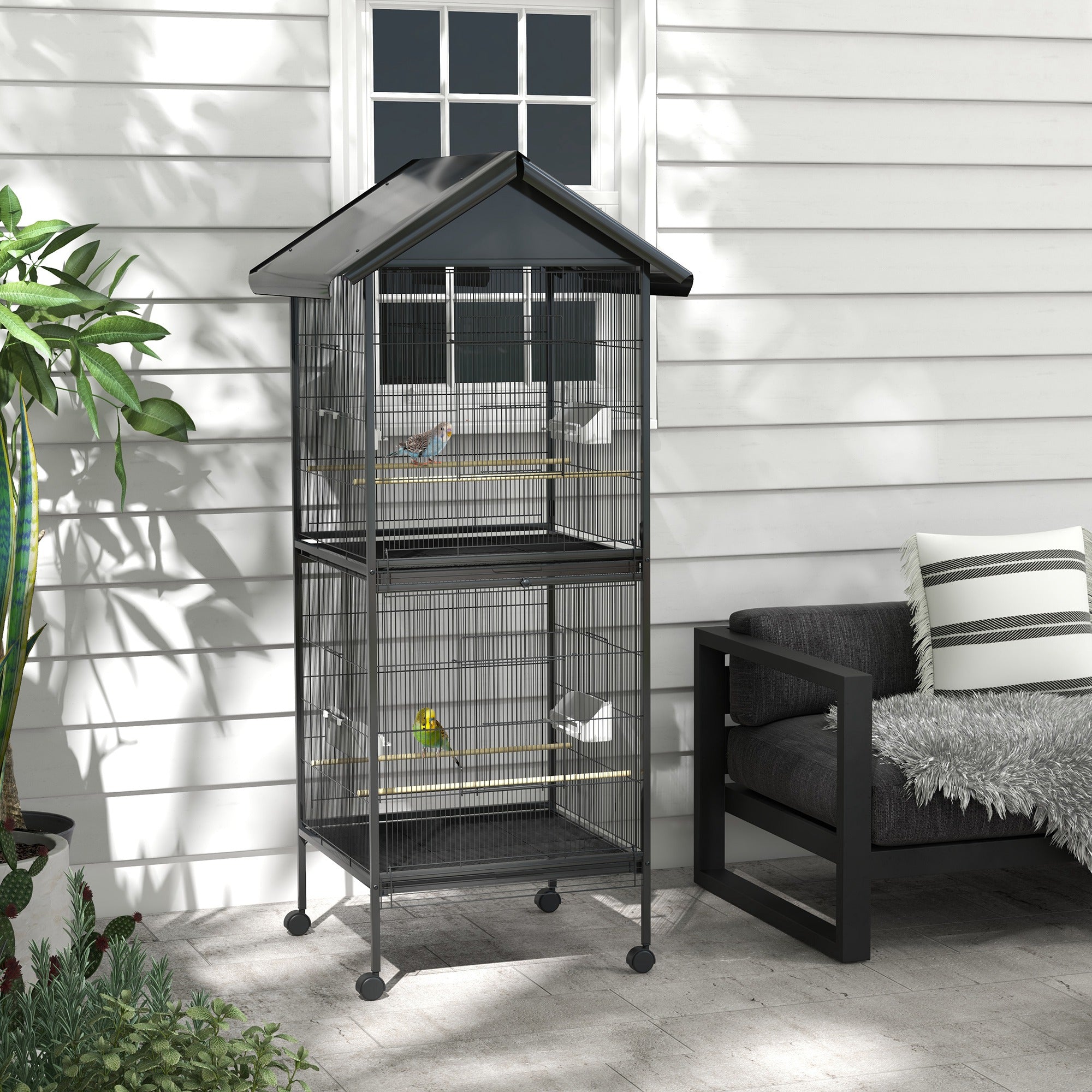 PawHut Wrought Metal Bird Cage Feeder with Rolling Stand Perches Food Containers Doors Wheels 67" H, Black
