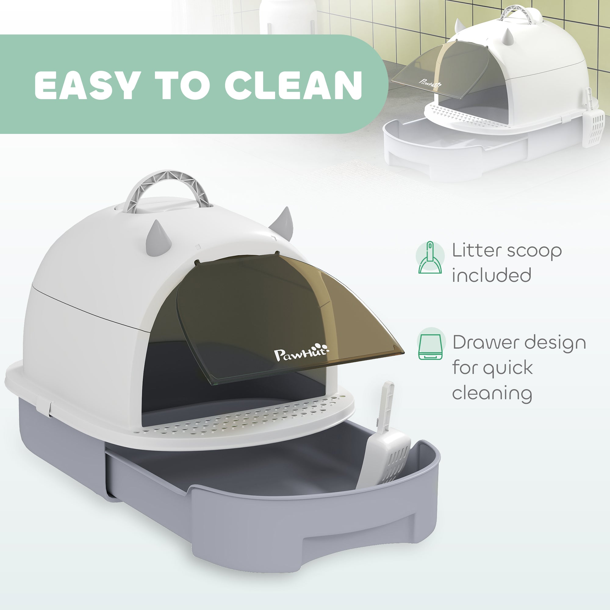 PawHut Cat Litter Box, Covered Kitty Litter Box with Lid, Scoop, Deodorizing Bags for Odor Control, Privacy, Portable, Easy to Clean, Gray