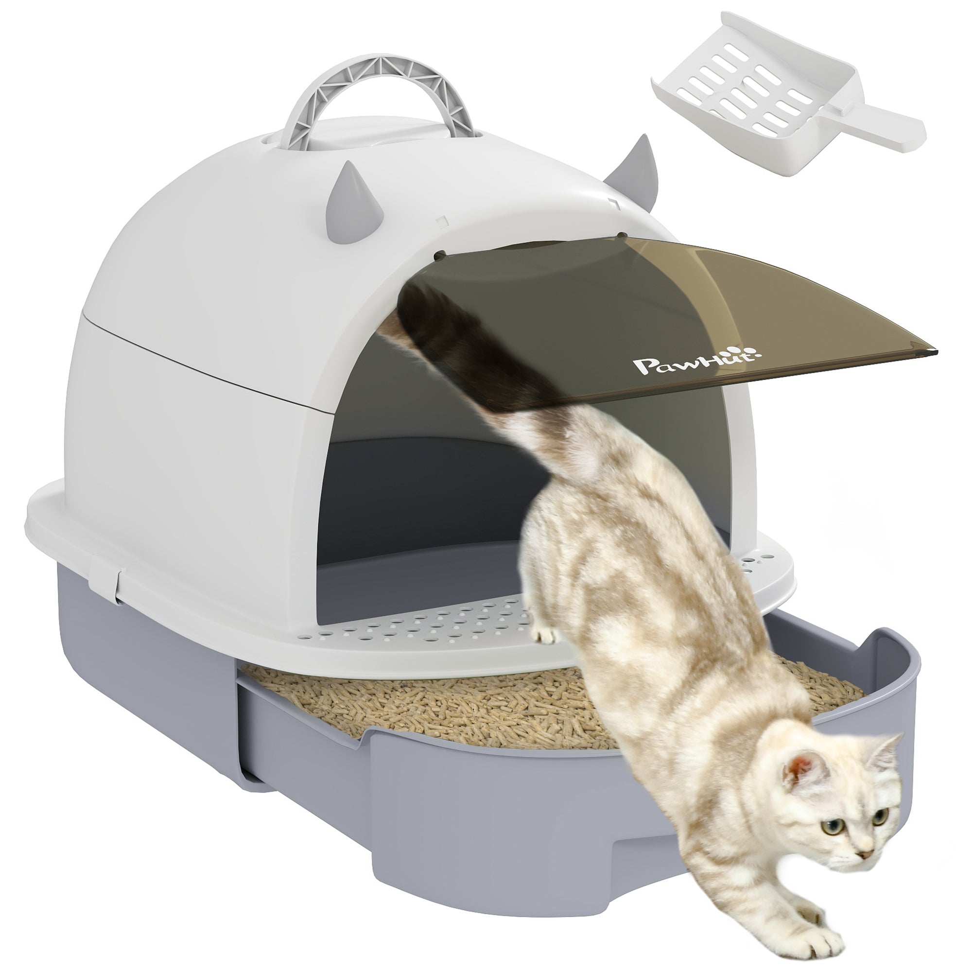 PawHut Cat Litter Box with Lid, Drawer Style Enclosed Kitty Litter Box with Front Door Flap, Scoop, Handle, Easy Clean, Cat Litter Tray for Small and Medium Cats, Grey