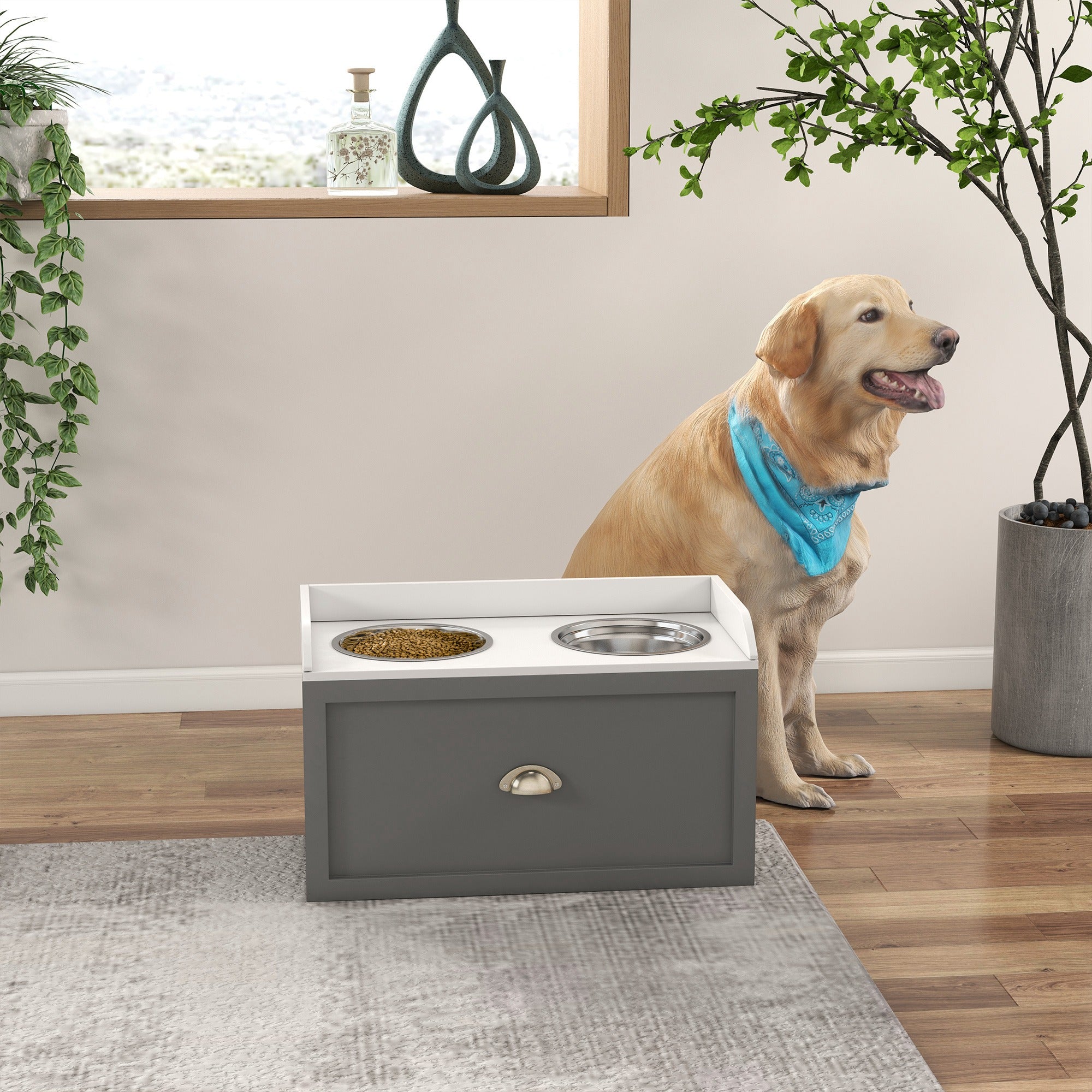 PawHut Elevated Dog Bowls for Large Dogs, Raised Pet Feeding Station with 2 Stainless Steel Bowls, Hidden Storage Drawer, Wood Stand for Cats, Grey