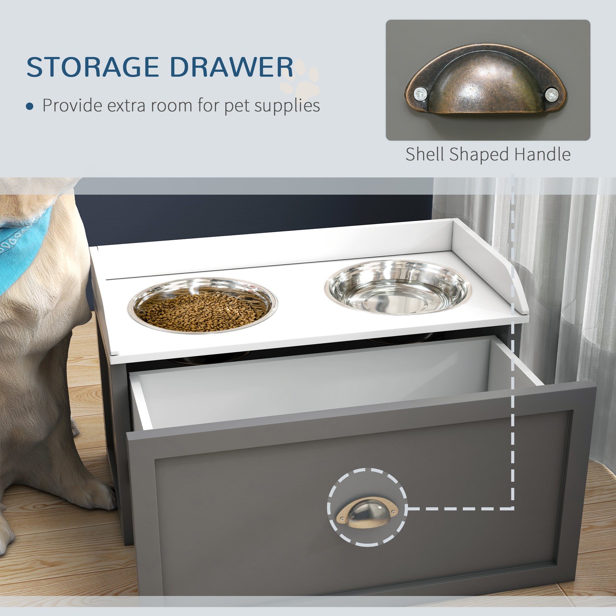 PawHut Elevated Dog Bowls for Large Dogs, Raised Pet Feeding Station with 2 Stainless Steel Bowls, Hidden Storage Drawer, Wood Stand for Cats, Grey