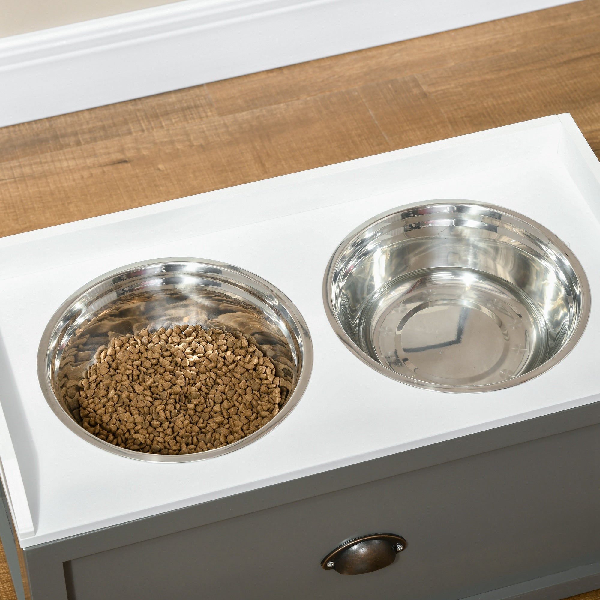 PawHut Elevated Dog Bowls for Large Dogs, Raised Pet Feeding Station with 2 Stainless Steel Bowls, Hidden Storage Drawer, Wood Stand for Cats, Grey